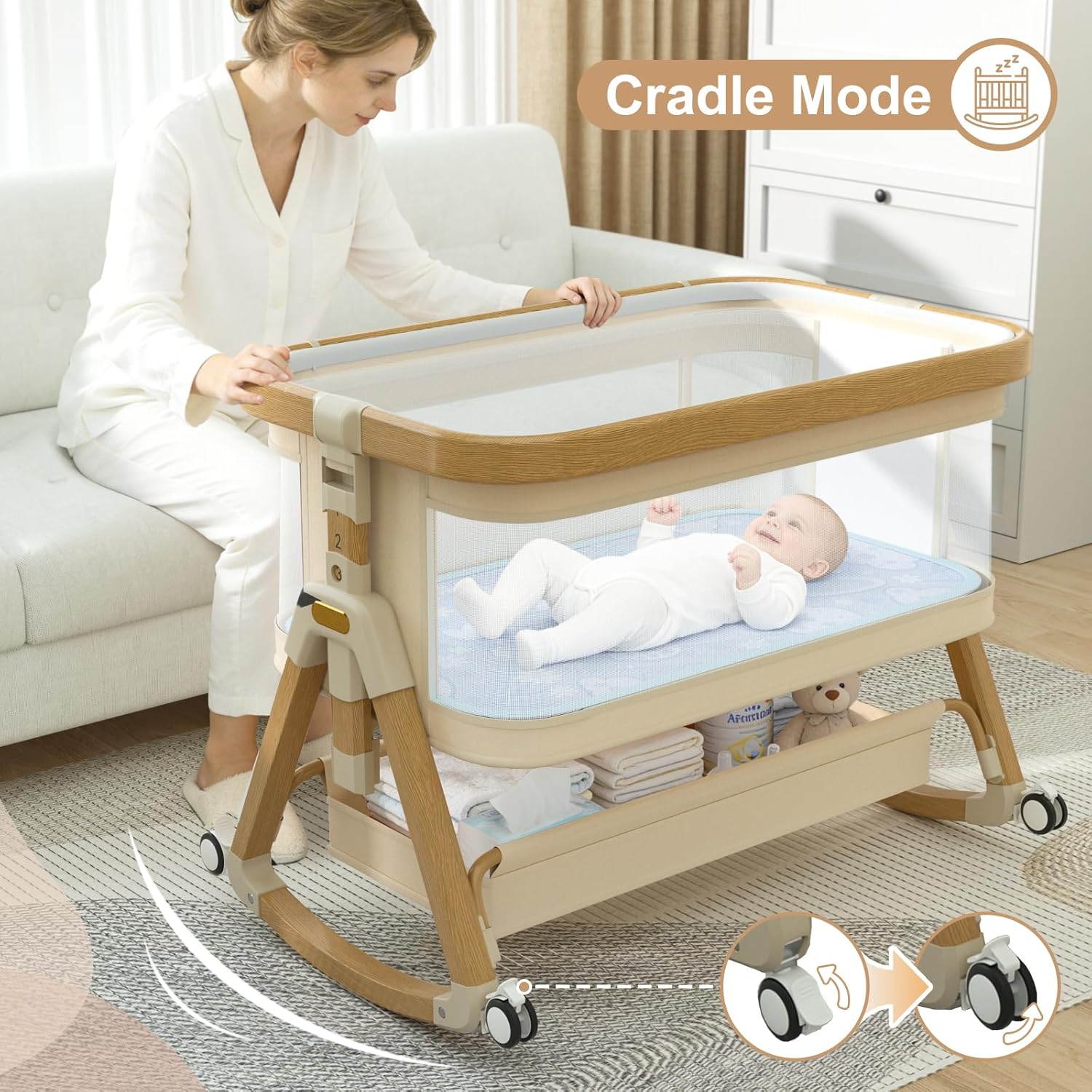 Baotree 3-in-1 Baby Bassinet Bedside, Breathable Mesh Portable Crib with Mattress, 6 Height Adjustable Bassinet Bedside Sleeper with Foldable Wheels for Peaceful Nights (Brown&Beige)