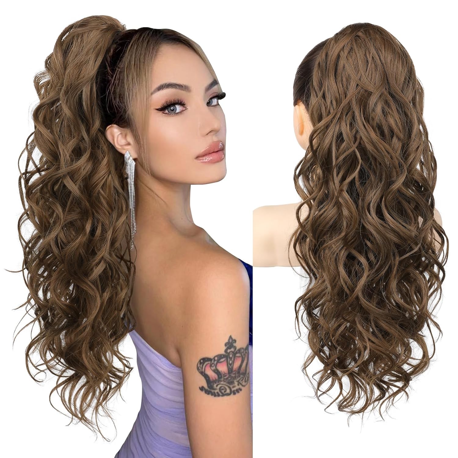 REECHO Ponytail Extension, 24″ Claw Clip Ponytail Extension Wavy Ponytails Hair Extensions Jaw Clip on Pony Tails Natural Synthetic Hairpiece for Women Daily, Ginger Brown