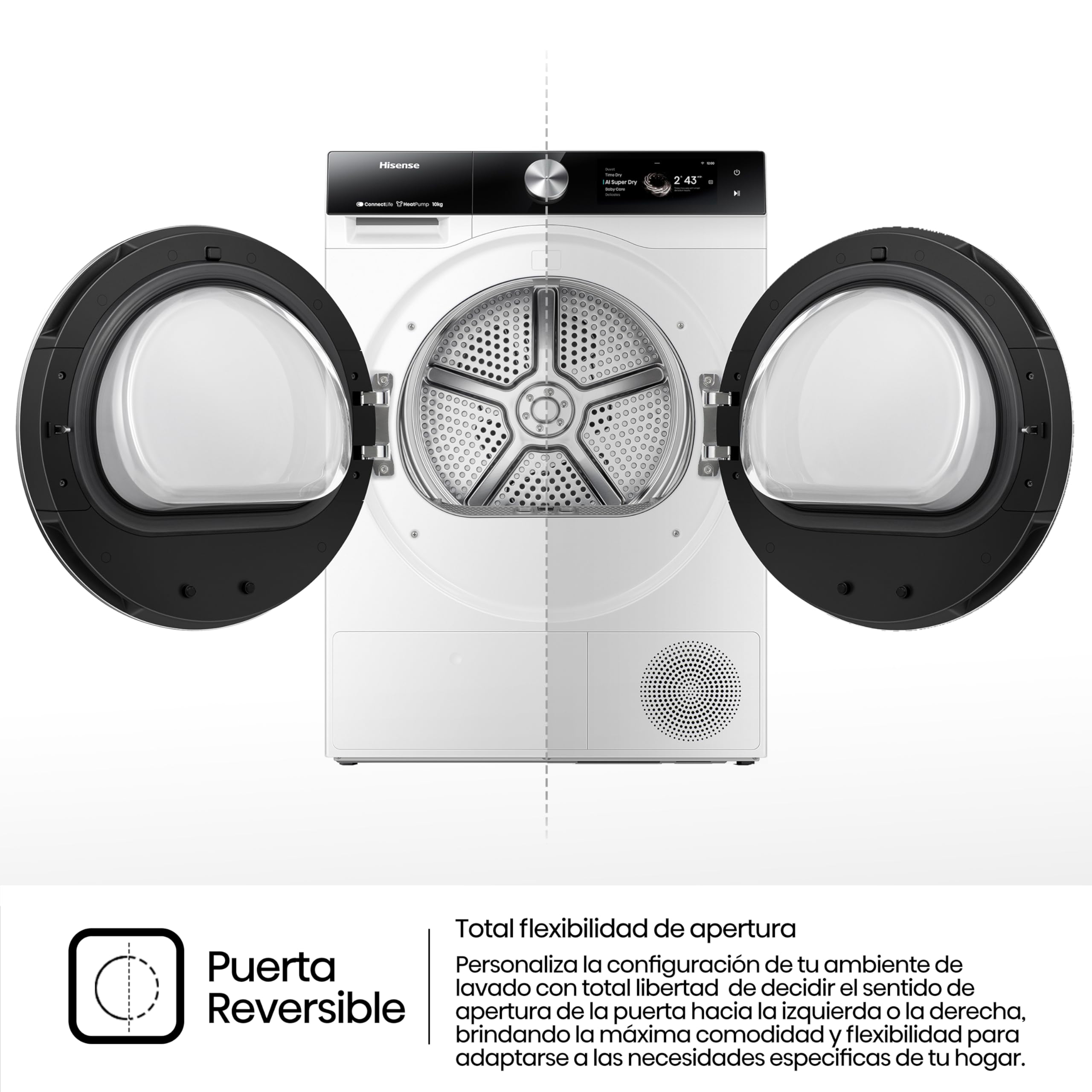 Hisense DH7S107BW - Secadora, Clase A+++, 10 kg, Pantalla Táctil, Conectividad WiFi, Monitor de Consumo, Función Ion Refresh, Auto-Dry IA, Secado Rápido, Blanco