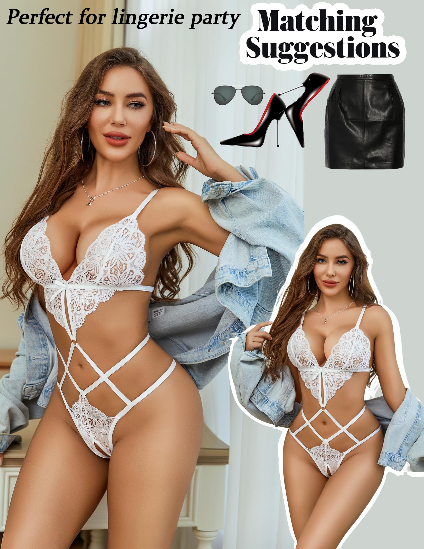 Avidlove Women Lingeries Deep V Teddy Lingerie Sexy Lace Bodysuit Cut Out One Piece Mini Babydoll: White XX-Large