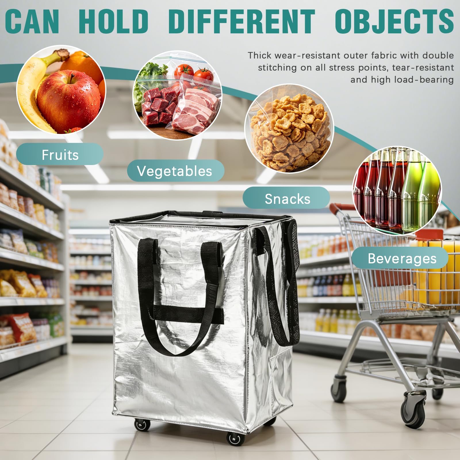 Carrito De Compras, 40 * 30 * 50cm Carrito Reutilizable Plegable con Ruedas Y Asas Reutilizable Plata Bolsa De Compras Impermeable para Acampar IR De Compras O Lavar La Ropa