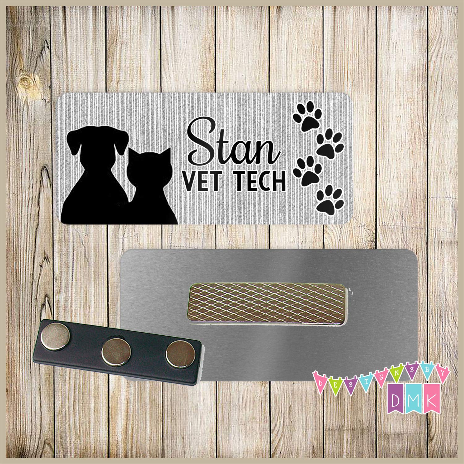 Cat & Dog - Paw Prints - Vet Tech - Grey - Personalized - Custom Name Tag - 1.25" x 3" 47NT