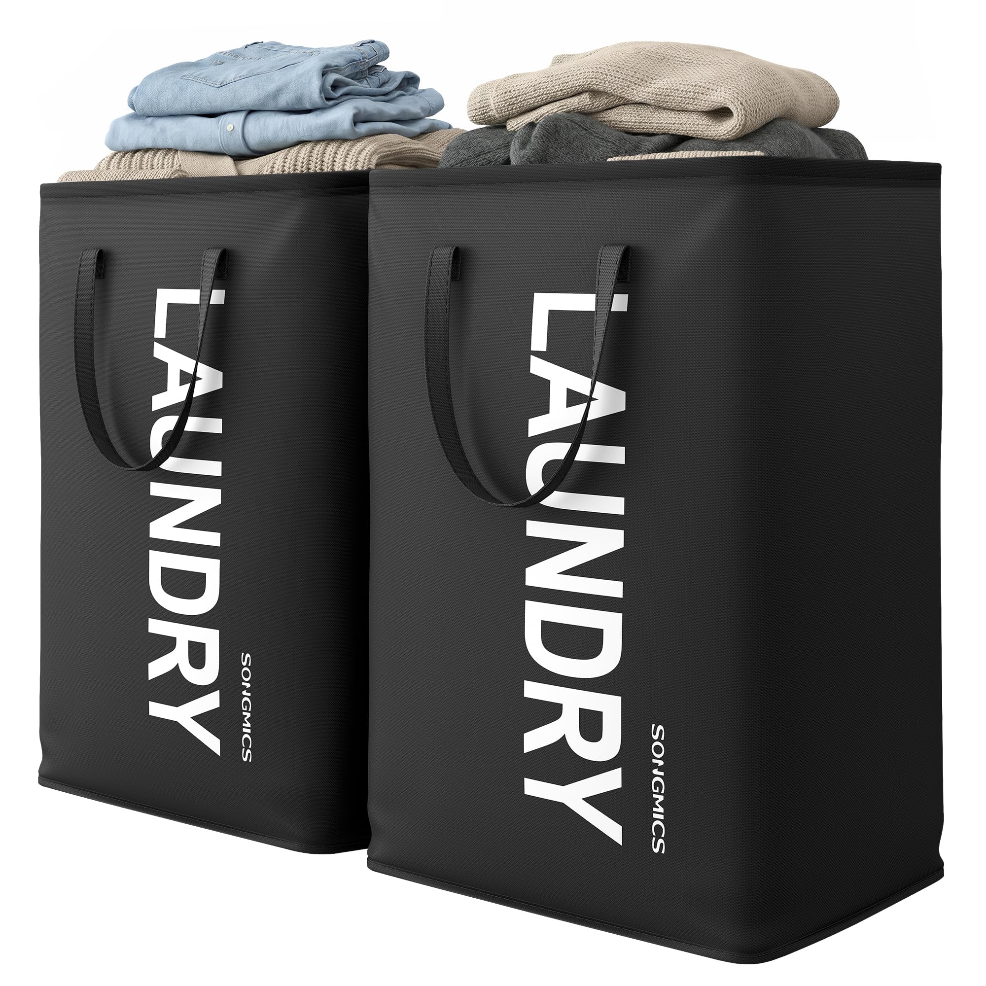 SONGMICS Laundry Baskets, 21.1-Gallon (80 L) Foldable Laundry Hampers, Storage Baskets with Handles, Water-Repellent, for Laundry Room, Bedroom, Bathroom, Set of 2, Ink Black RLH002BH01