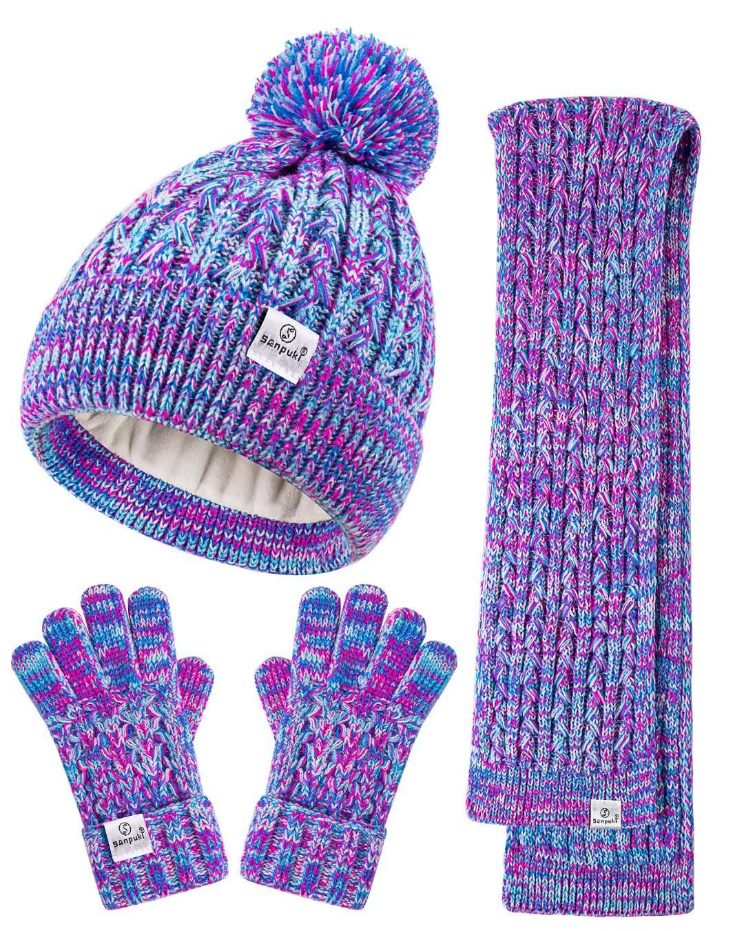 Kinder-Wintermütze, Handschuhe, Schal, Set, Mädchen, Kleinkind, Wintermütze, Beanies mit Bommel, Halswärmer, Gamasche, Fäustlinge, Fleece-gefüttert, Weihnachtsgeschenk für Kinder (Rose Rot und Blau)