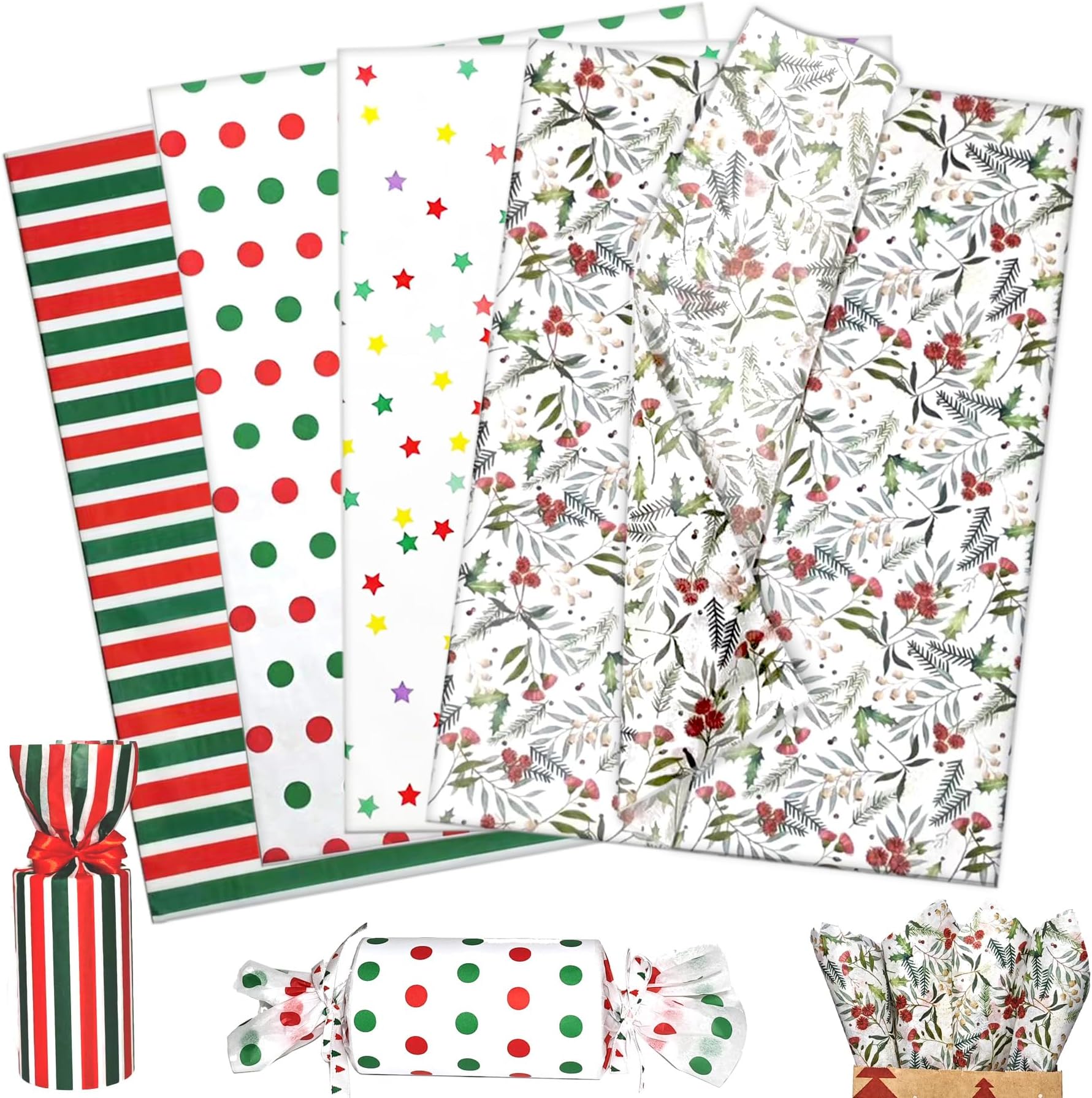 LIAPAWPAW Christmas Tissue Paper, Classic Red and Green Tissue Paper for Gift Bags Gift Wrapping Crafts, Vintage Flower Star Dot Xmas Art Tissue for Holiday New Year Winter Party Decor, 60 Pcs 20x14in