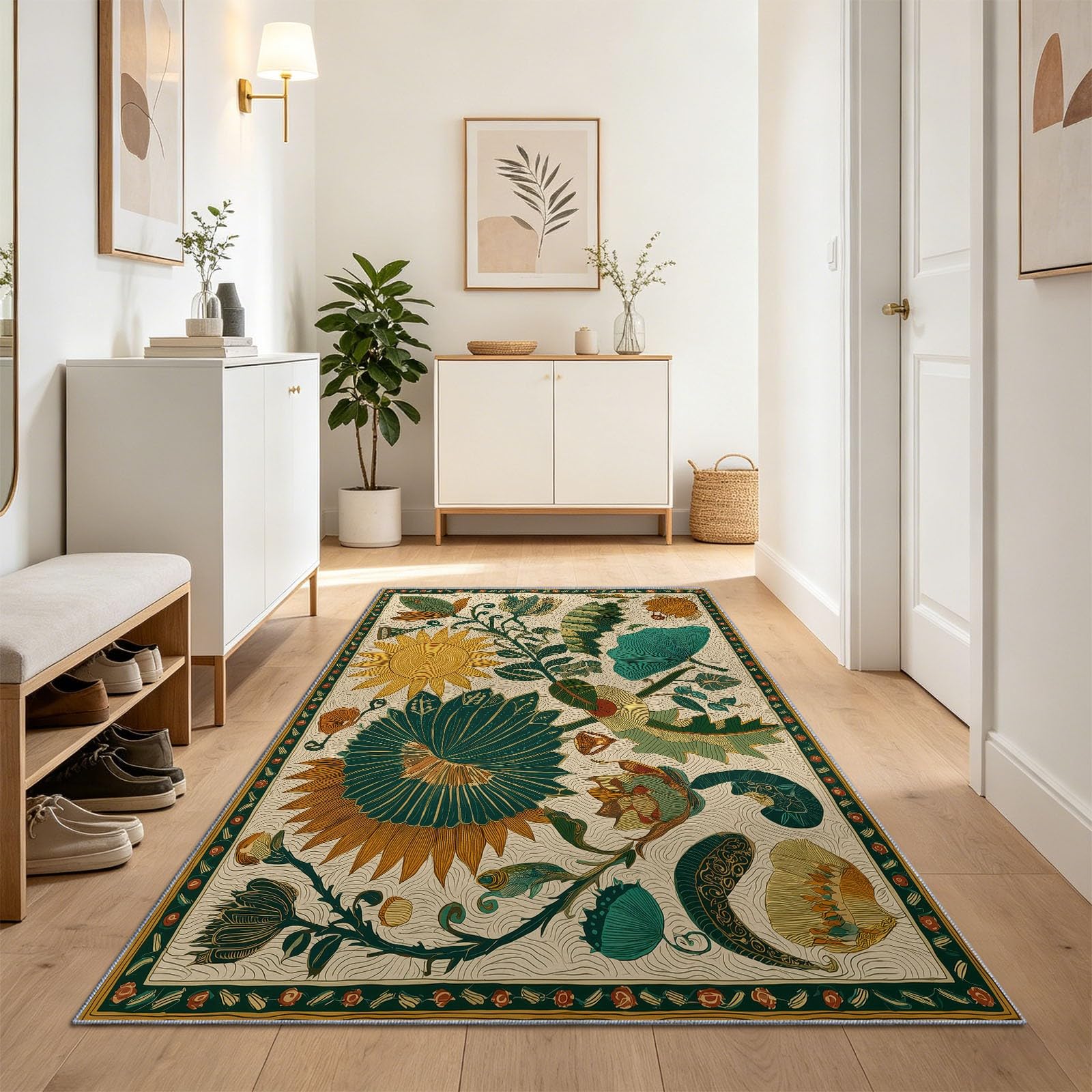 Tapis de salon doux lavable en machine blanc cassé à motif floral 60x180 cm