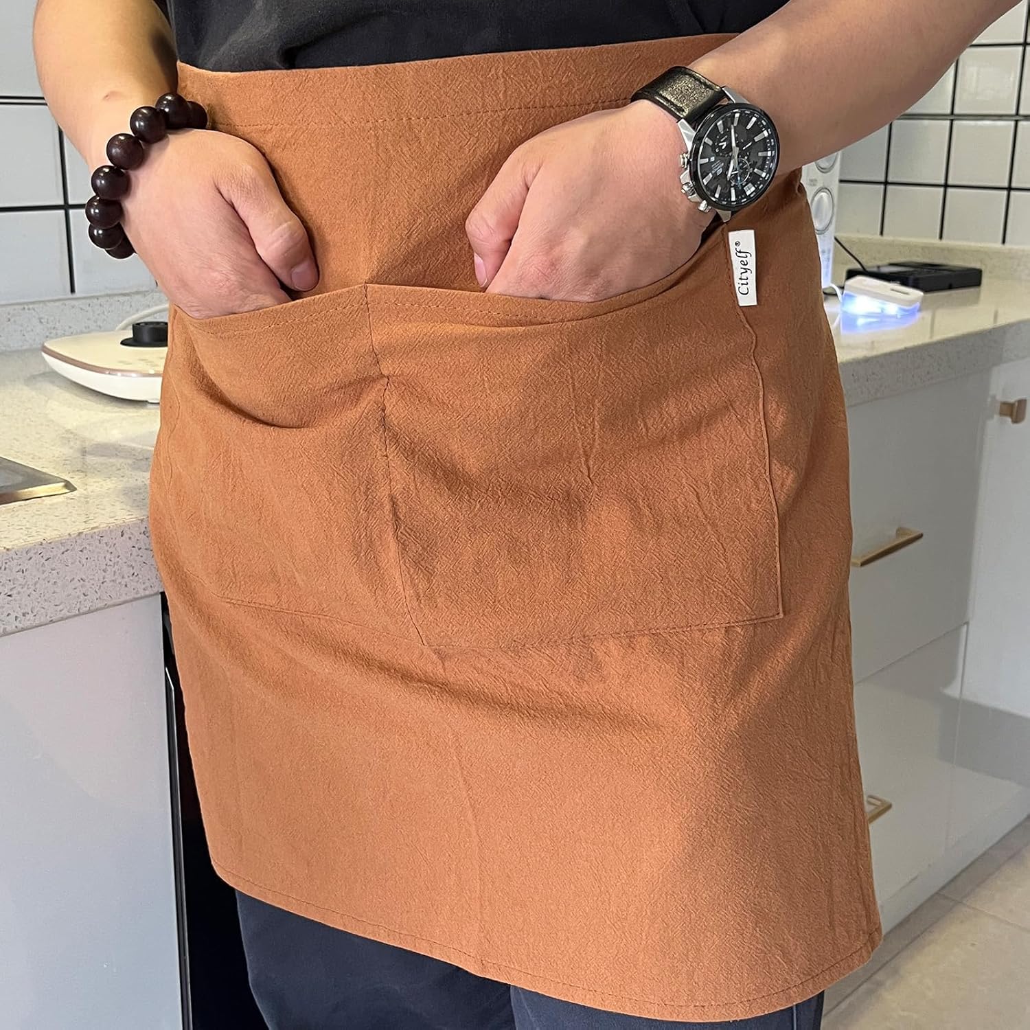 Cityelf Linen Server Apron Cotton Bistro Half Apron with Large Pockets Waist Kitchen Apron for Cooking Waitress - Image 7