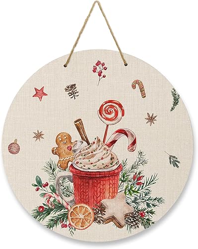 Letrero de bienvenida para decoración de puerta delantera, pastel de Navidad, pan de jengibre, hombre, bayas, vintage, de 10 pulgadas, decoración