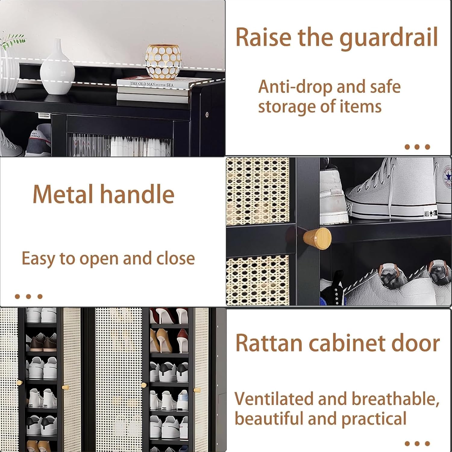 Close-up images showing the raised guardrail on top, a metal handle, and the rattan cabinet door texture.