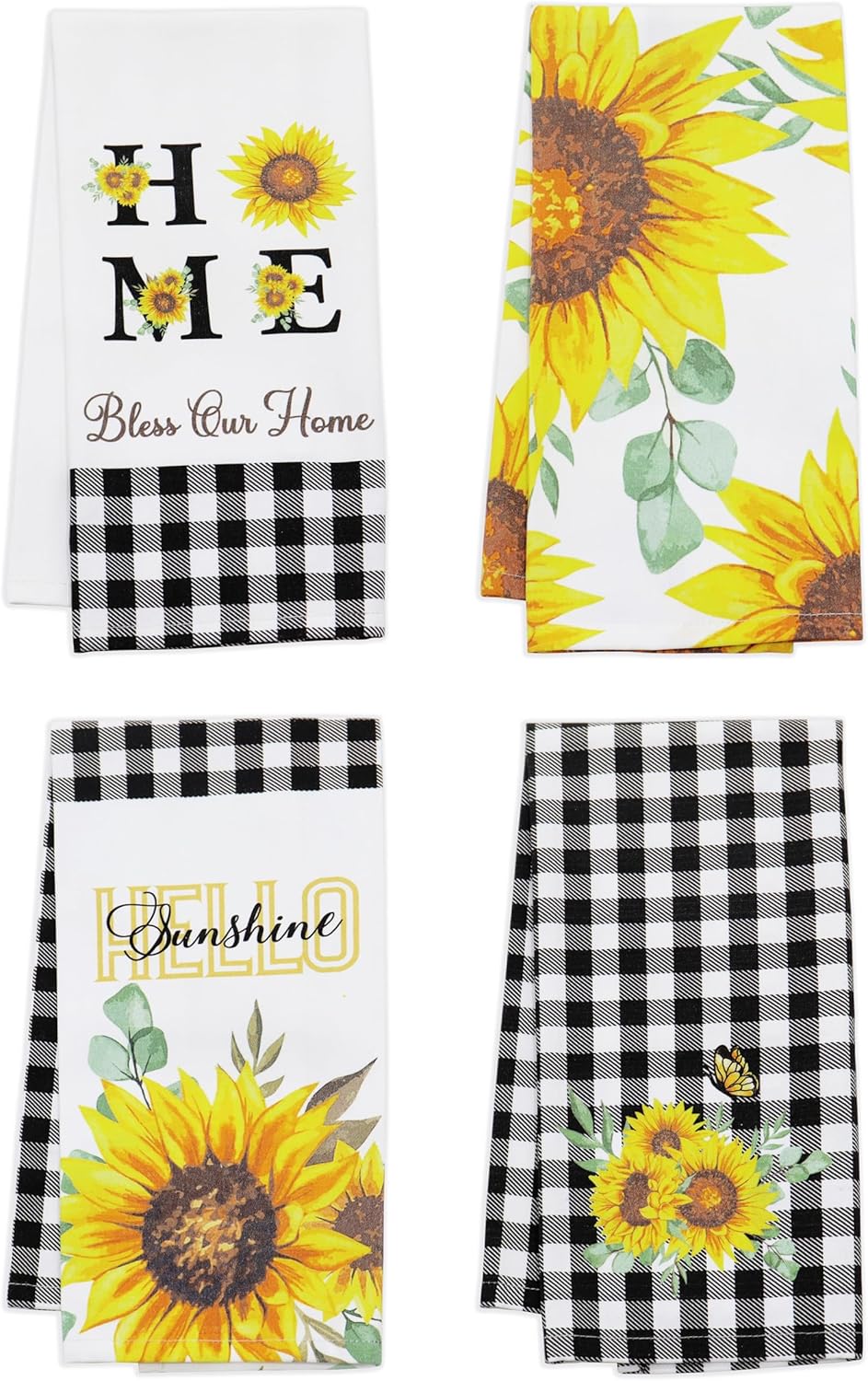 PurpleEssences Cotton Kitchen Towels Set of 4 – 16x26 in Summer Prints – Absorbent, Reusable Tea Towels for Seasonal Kitchen Décor - Sunflower