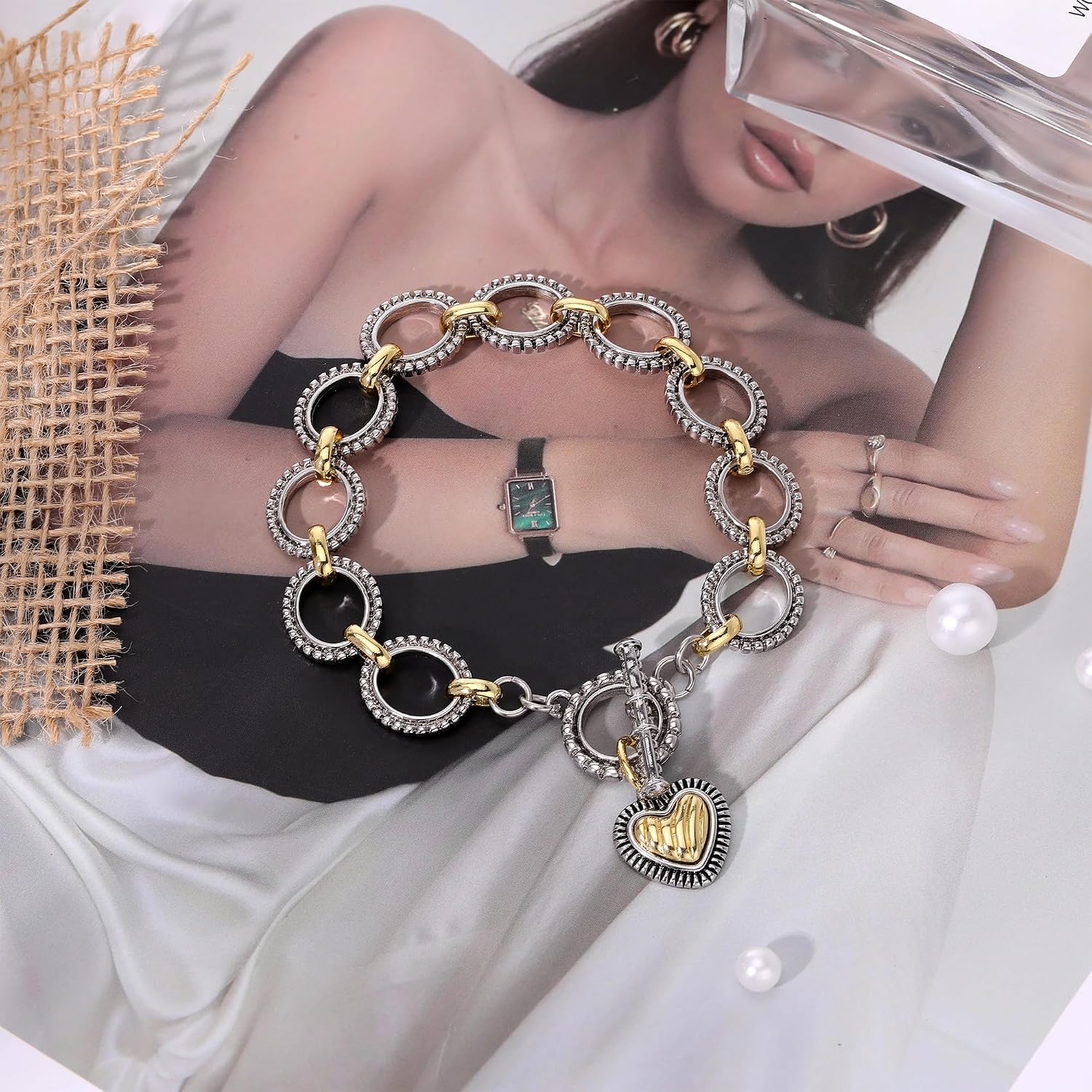 Mytys Chunky Chain Link Bracelet Two-Tone Mixed Metal Textured Toggle Clasp Statement Bangle Bracelet Jewelry for Women Fashion