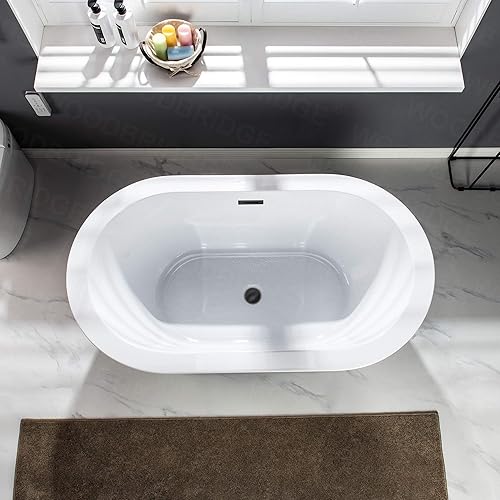 Miniatura 4 de WOODBRIDGE Bañera independiente de acrílico de 56 pulgadas, bañera blanca contemporánea con desbordamiento y drenaje negro mate, B0088--MB--Drenaje