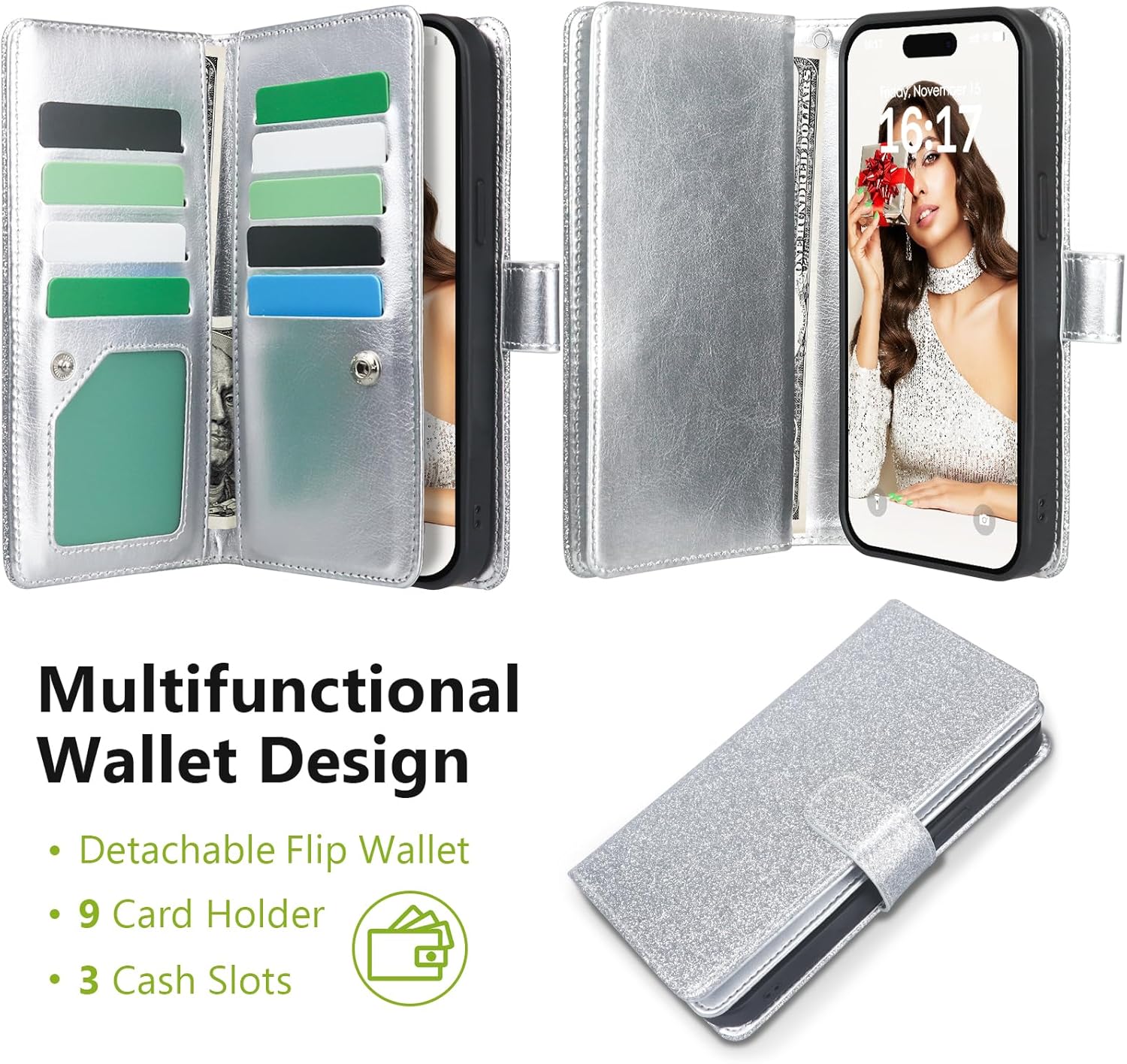 Varikke for iPhone 13 Wallet Case Detachable with Card Holder for Women Girls, Fashion Glitter PU Leather Wrist Strap Strong Magnetic Flip Wallet Removable Phone Case Cover for iPhone 13 6.1", Silver