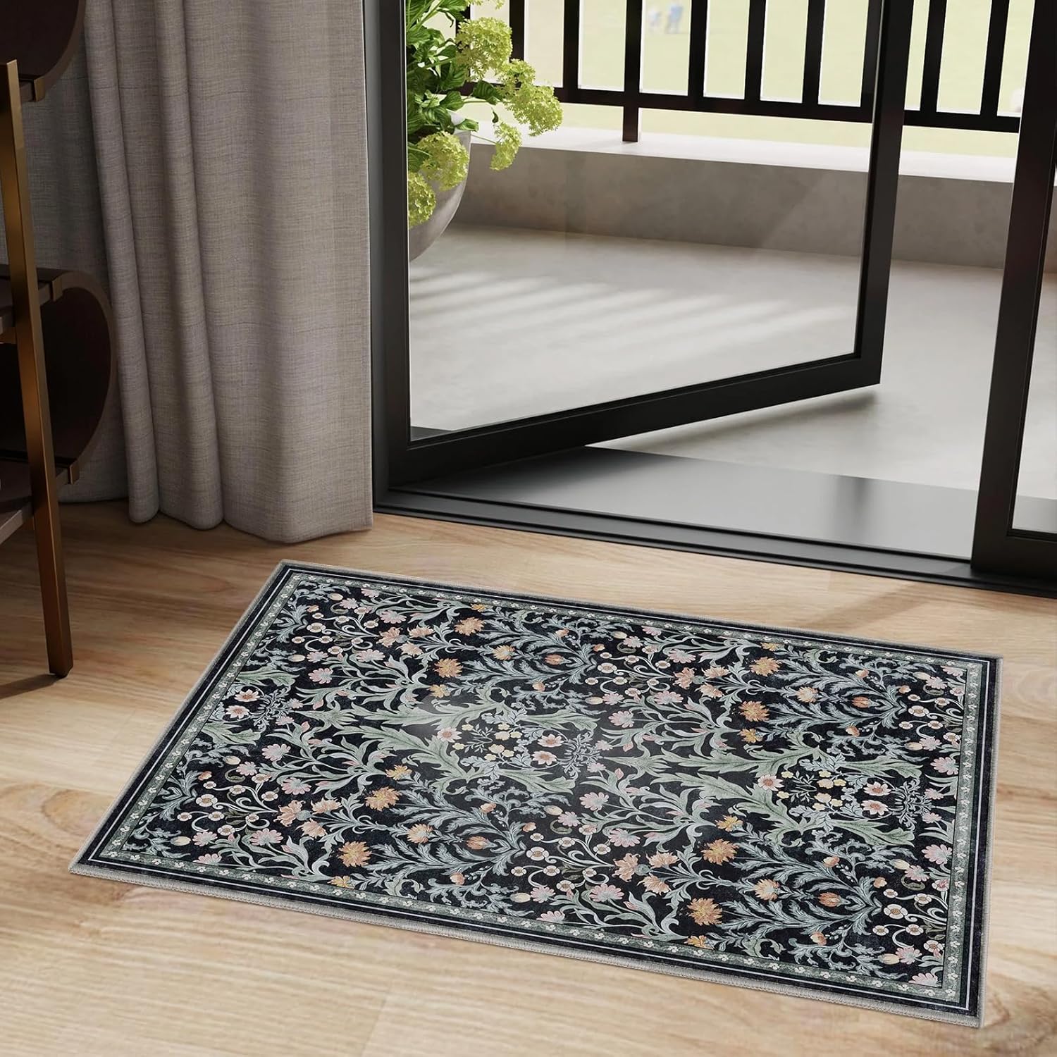Floral 2x3 Entryway Rug Washable Non Slip Kitchen Rug Vintage Soft Carpet Stain Resistant Low Plie Door Mat