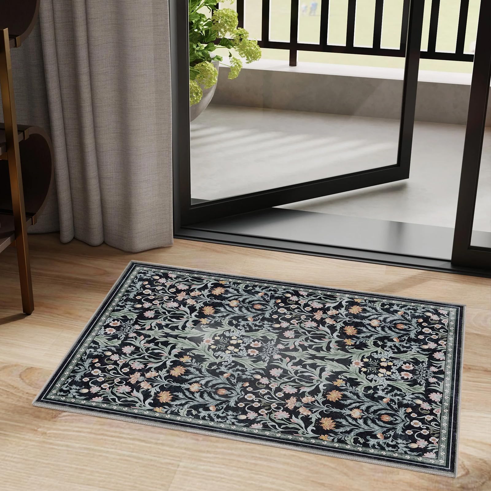 Floral 2x3 Entryway Rug Washable Non Slip Kitchen Rug Vintage Soft Carpet Stain Resistant Low Plie Door Mat