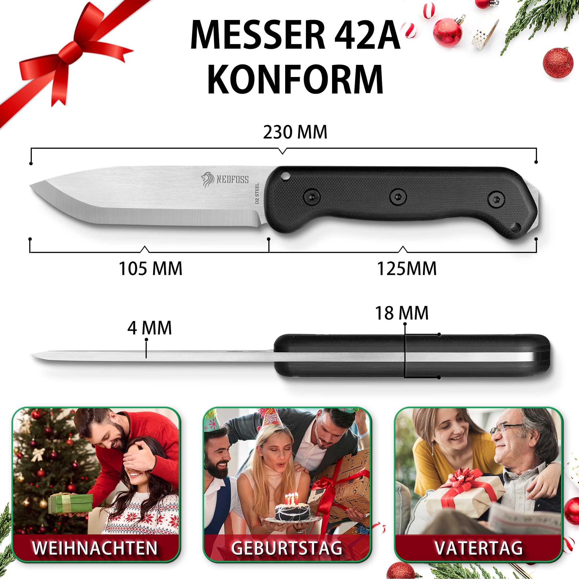 Nedfoss LEO puukko, 23 cm nóż bushcraft z pokrowcem, FULL TANG survivalowy ze stali d2, myśliwski skandi, górski, turystyczny, stałym ostrzem