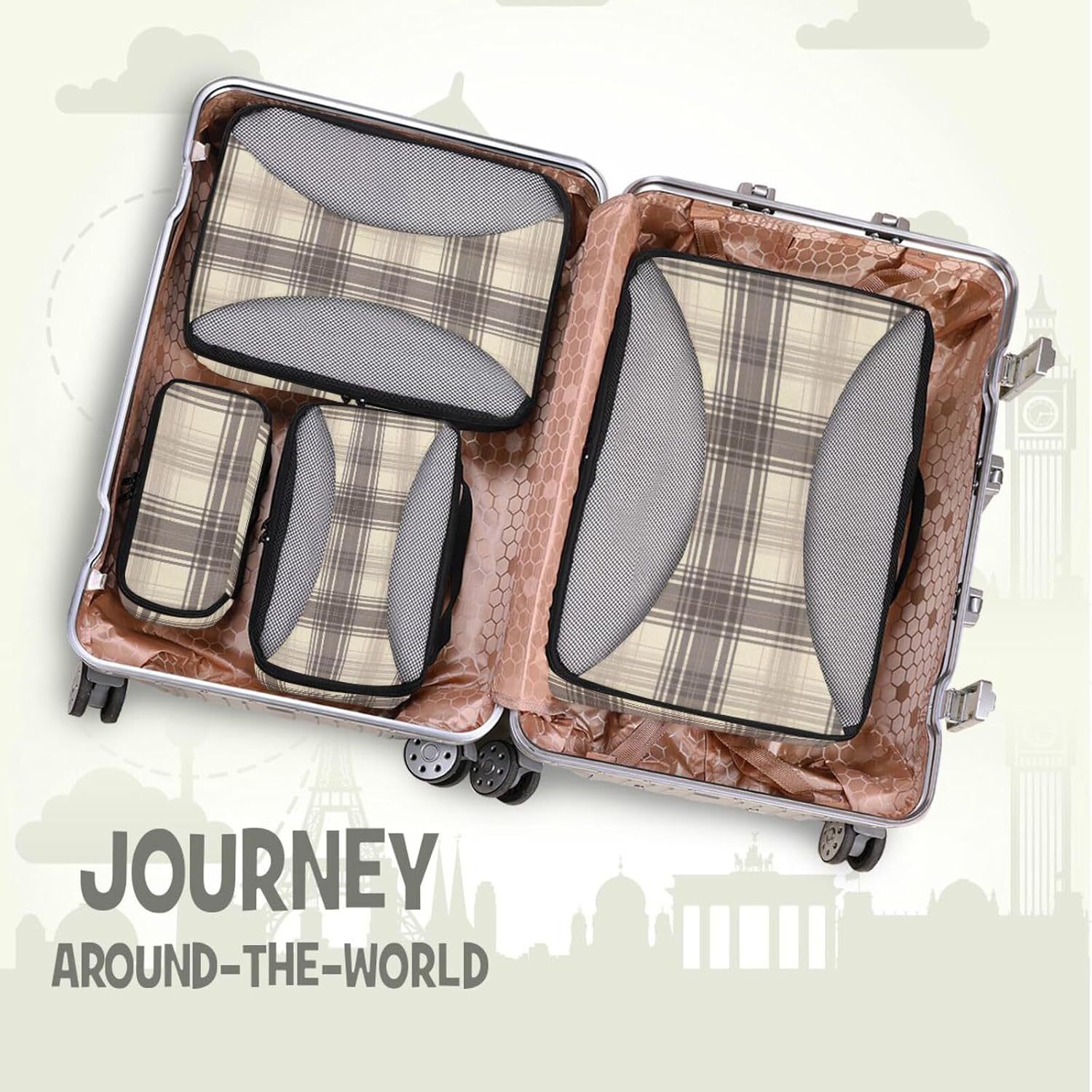 Gray-brown Check 4 Pcs set organizer bags set Mesh Travel Essentials expandable travel packing cubes