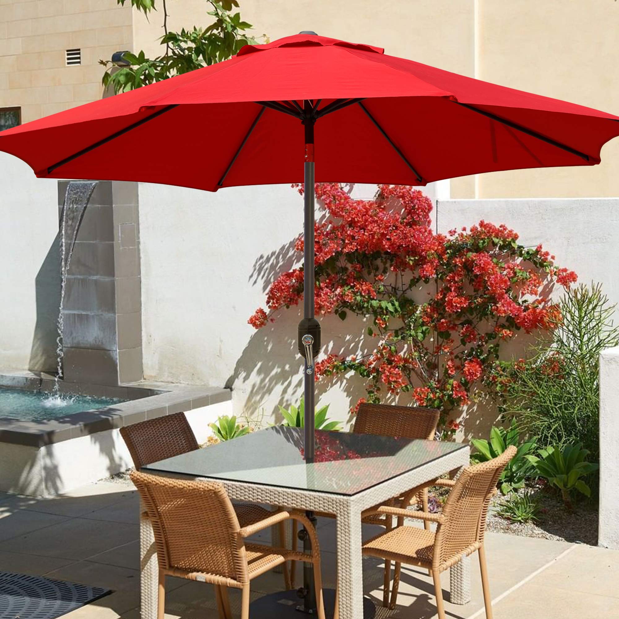 Blissun 9ft Patio Umbrella, Manual Push Button Tilt and Crank Garden Parasol (Red)