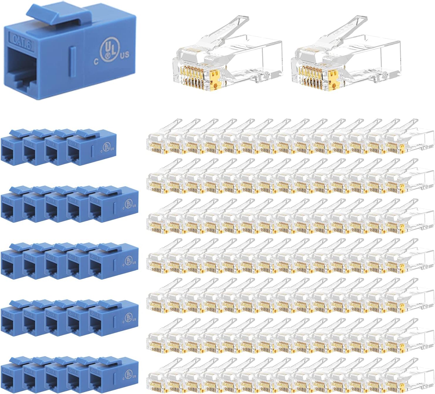VCE UL Listed 25-Pack RJ45 CAT6 Keystone Coupler Bundle with 100-Pack Cat6 RJ45 Pass Through Connectors