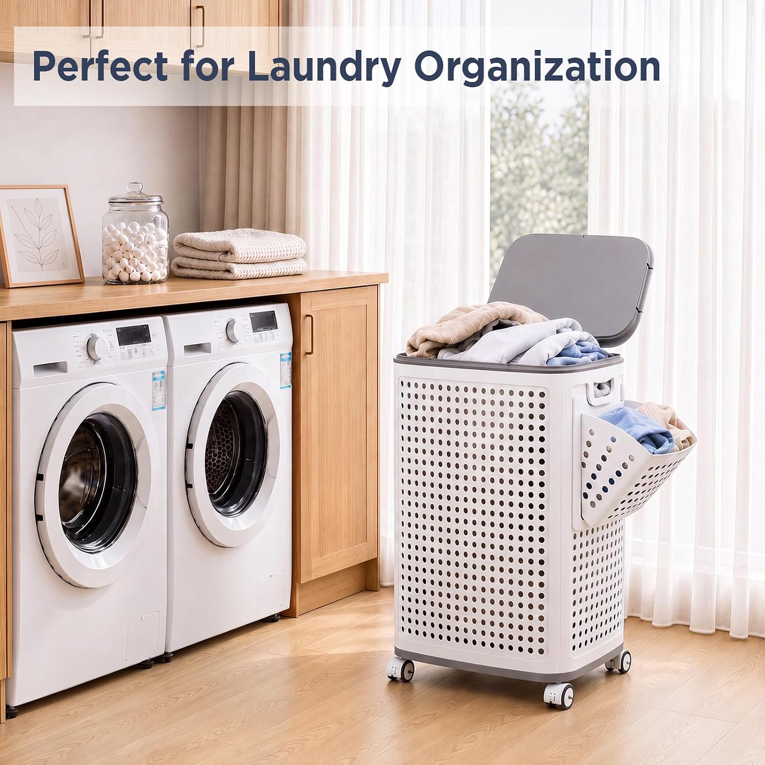 IMHO 85L Large Capacity Laundry Basket with Removable Lid and Liner - Sturdy and durable wheeled laundry basket, space-saving, Lockable 360° Wheels for Bathroom Bedroom Dorm Home Storage(White) image 5