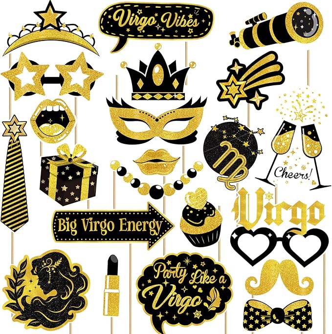 Virgo Birthday Photo Booth Props - 22 Pcs Black Gold Virgo Themed Photo Booth Props Decorations for August September Birthday Party, Zodiac, Horoscope, Astrology Bday Party Supplies