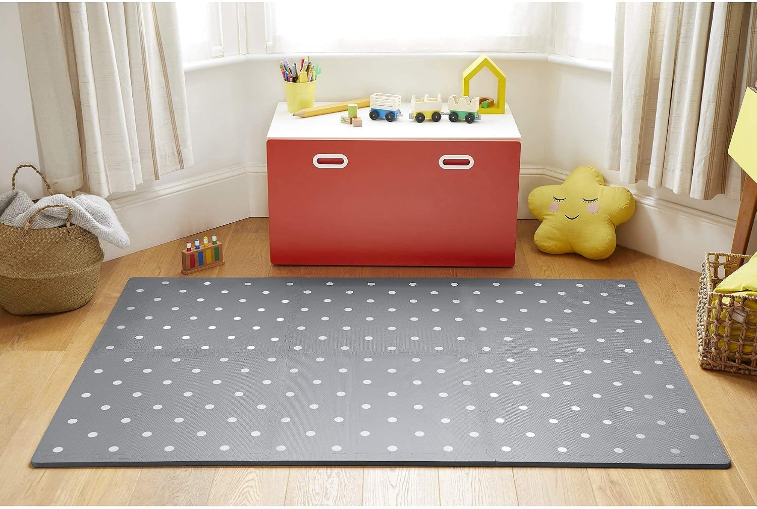 Playmats - Baby Mat - Foamy Foami Flooring for Babies and Kids - Buildable Foami Crawling Mat and Thick EVA Play - Grey with White Dots