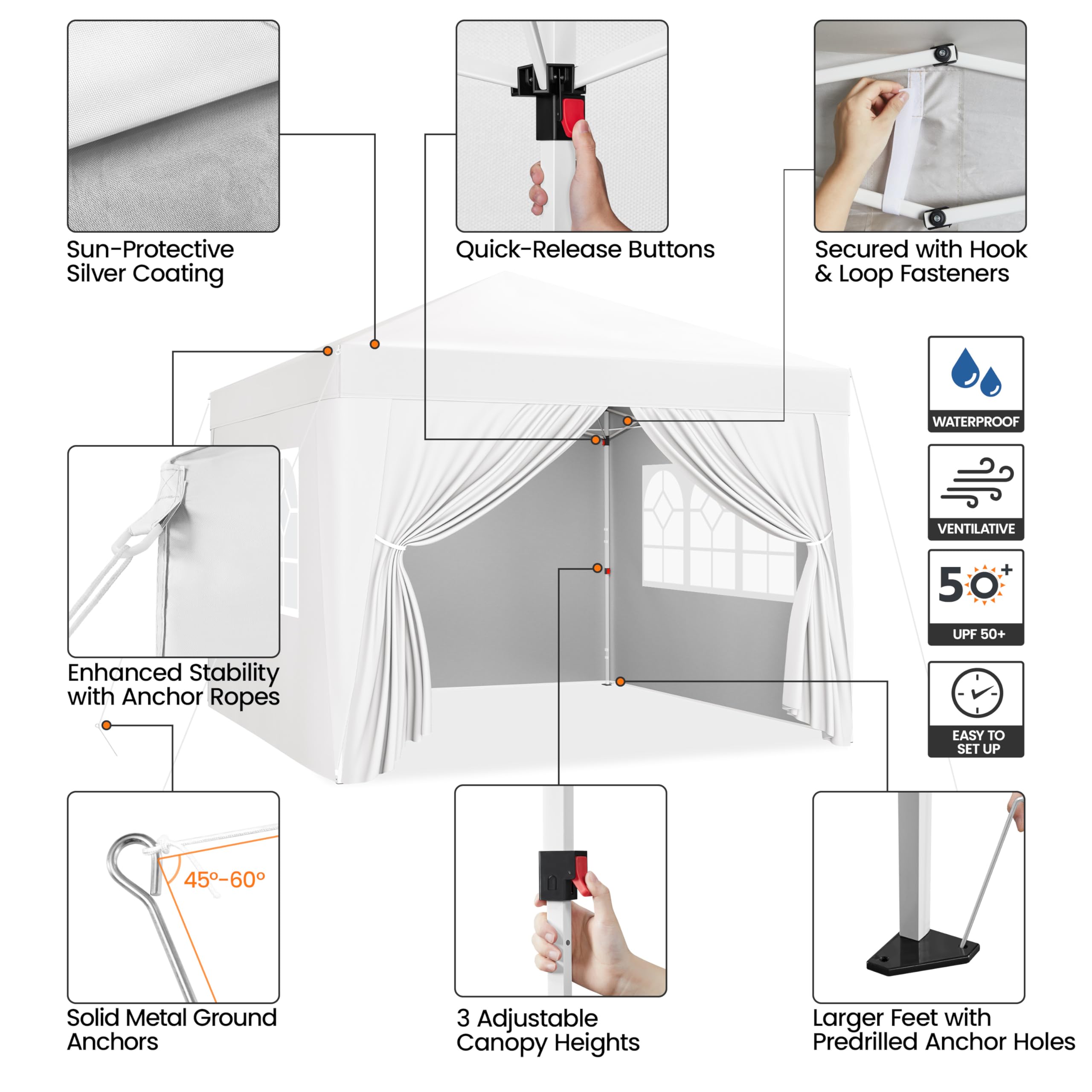 Abician Tonnelle de Jardin 3x3m, Tente de Camping avec 4 Parois Latérales, Tente Pliante pour Jardin Fête Mariage Sport Blanc