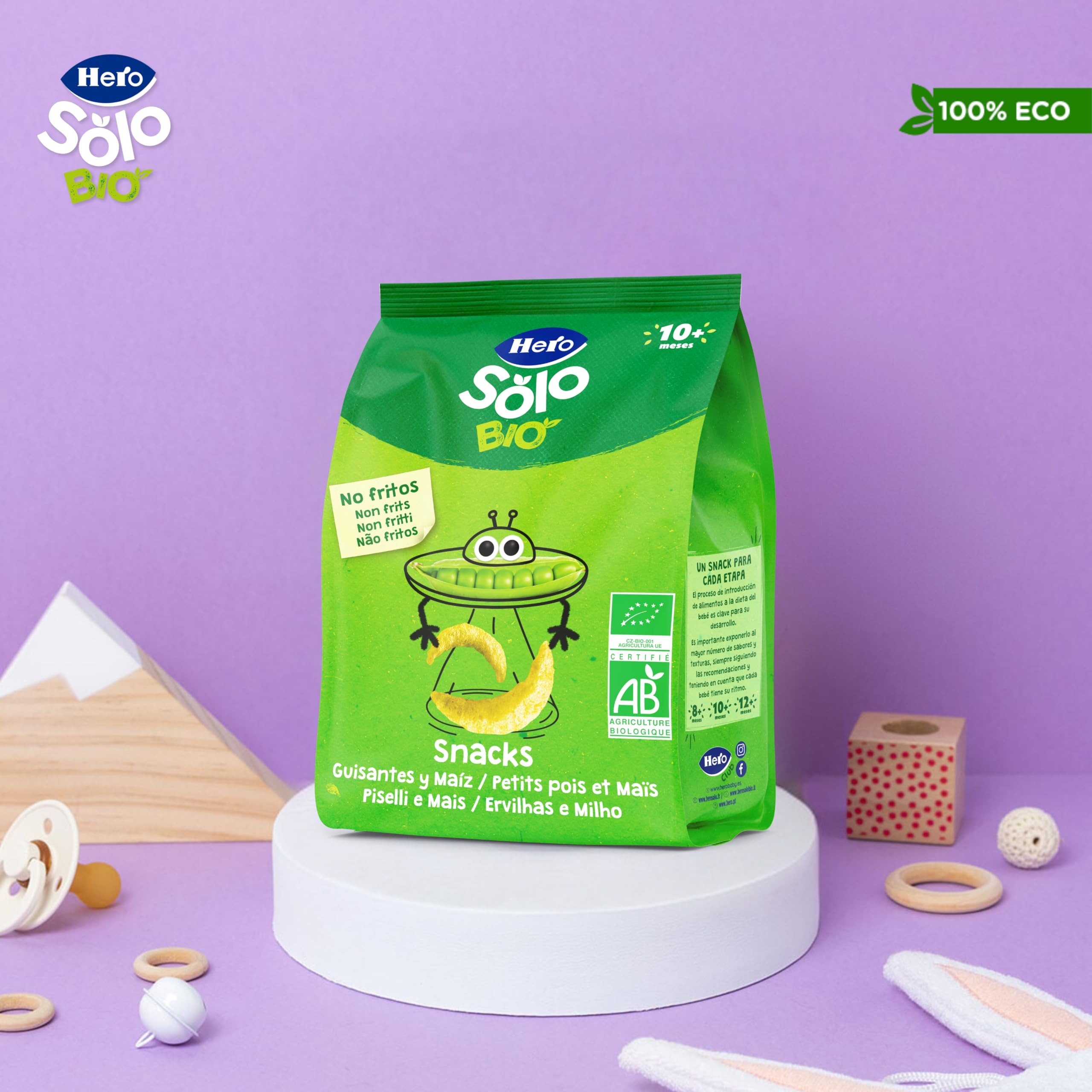 Hero Solo - Snack de Guisantes y Maíz, 100% ECO, BIO, con Ingredientes de Agricultura Ecológica y UE, No Fritos, Apto para Bebés a Partir de 10 Meses - Pack de 6 x 40 g