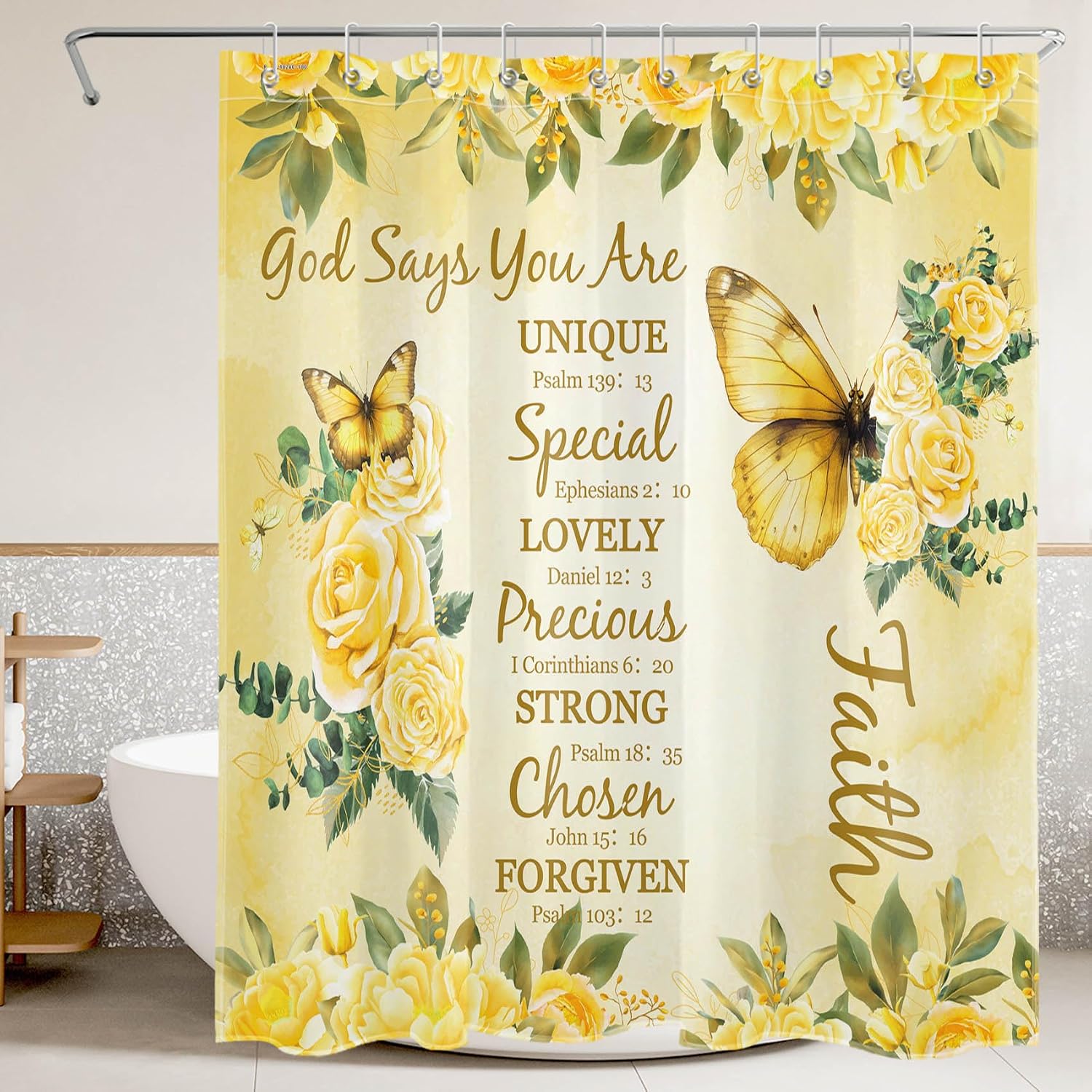 LB Farmhouse Butterfly Floral Shower Curtain Bible Verse Bath Decor 72Lx60W