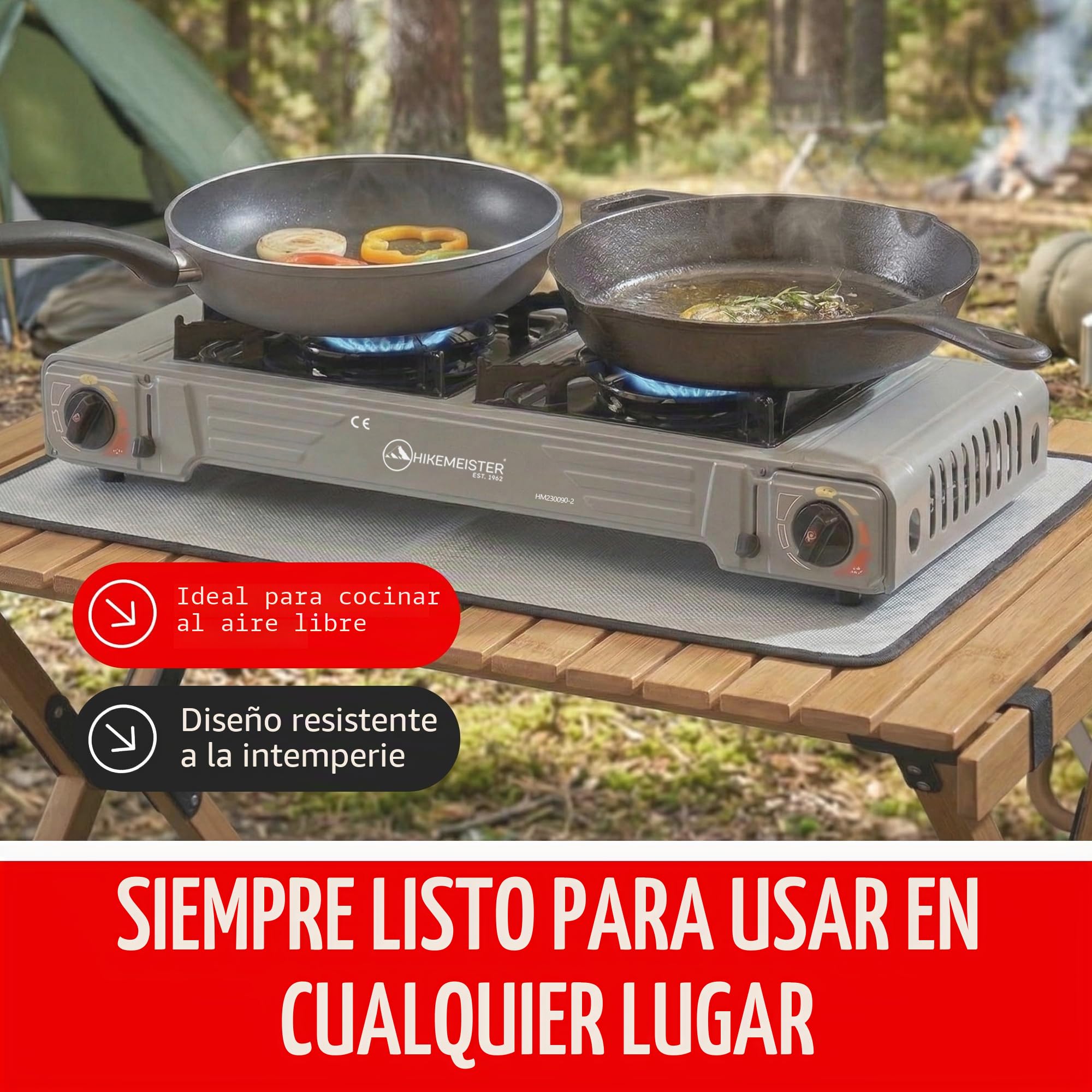 Hikemeister® Hornillo de camping de 2 fuegos con parrilla y 12 cartuchos de gas, hornillo de gas portátil 2 x 2,2 kW, incluye maletín de transporte, estufa de gas al aire libre para camping, balcón y
