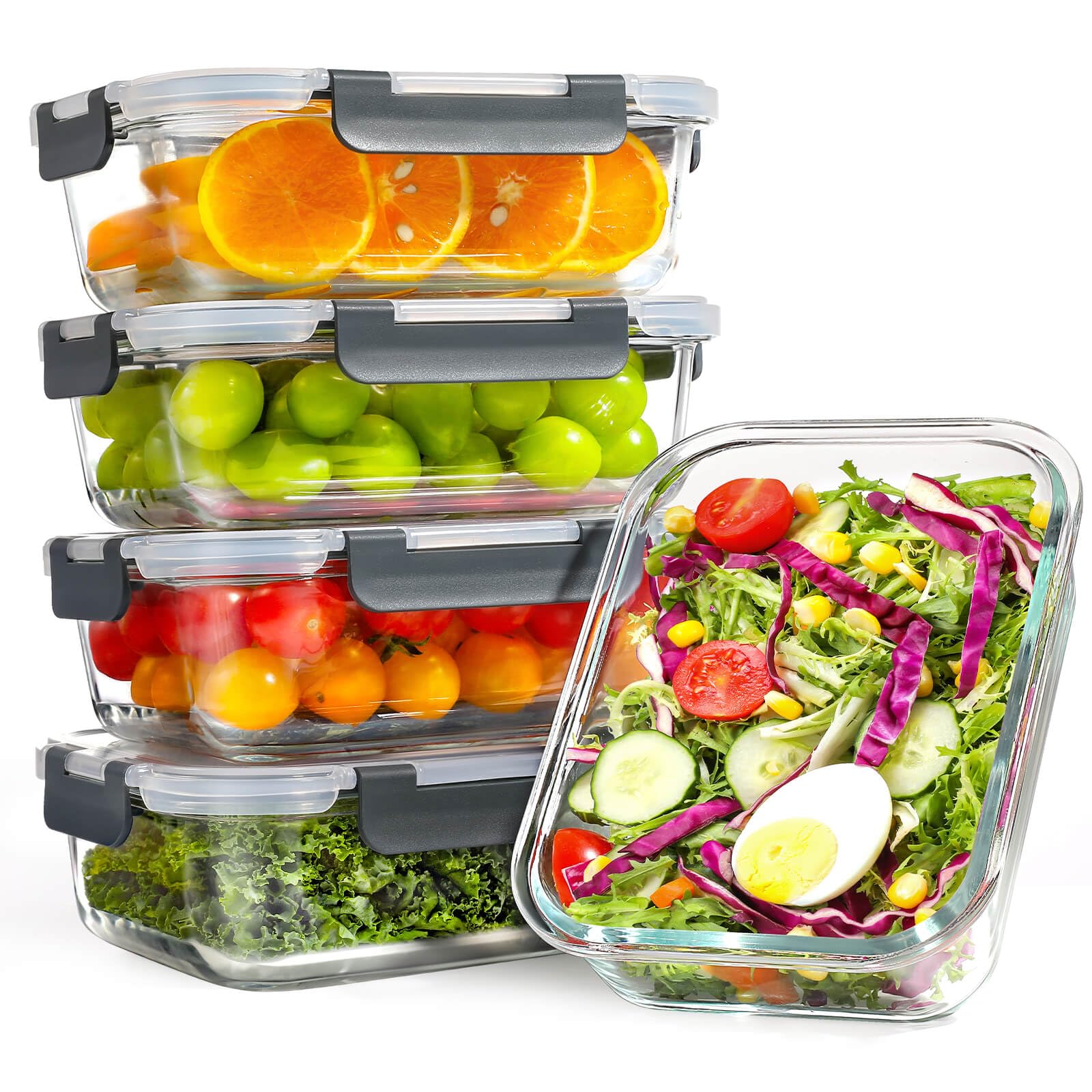 YASHE 5 Pack Glass Containers with Lids, 1040ml Thick & Durable Food Containers - Stackable Airtight Glass Meal Prep Containers, BPA-Free Food Storage for Microwave, Oven, Freezer and Dishwasher — image 1