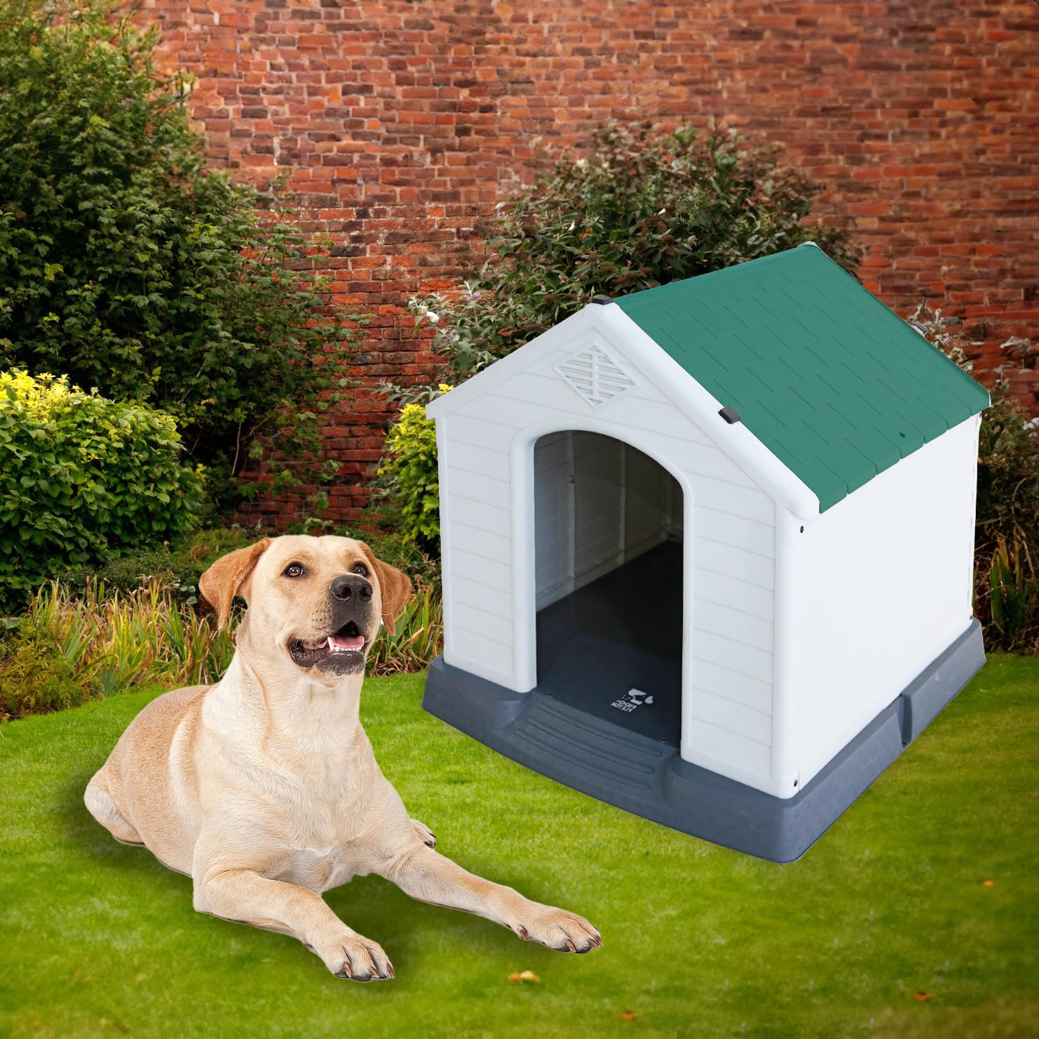 Cuccia per Cani Bungalow, Bianca e Verde, Materiali di alta Qualità, per interno ed esterno misura 87,7x78,5x81,5cm