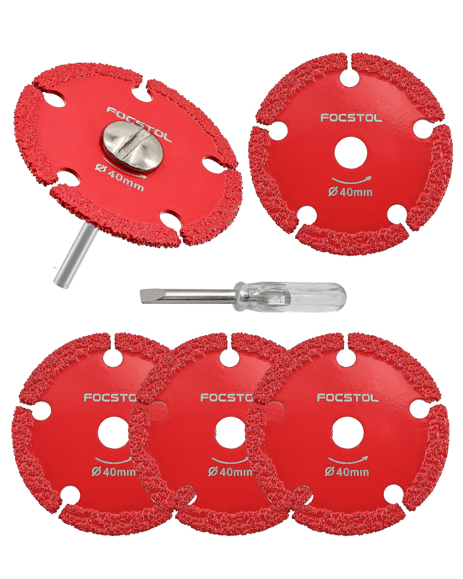 FOCSTOL Disco Corte para Metal - 5 piezas 40mm Disco Diamante Mini y 1 pieza Mango Redondo 3mm para Cortar Tubos de Hierro Delgados, Chapas de Hierro Finas, Pernos y Tornillos