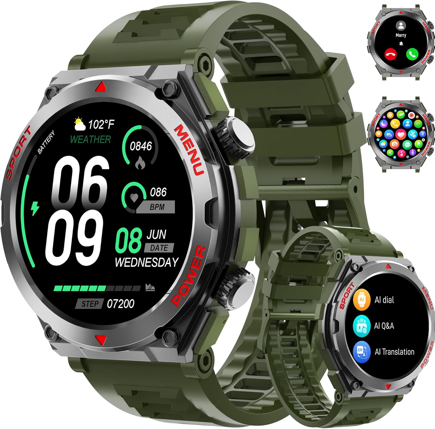Smart Watch for Men(Phone Call/Text Reply), 1.52″ HD AI Smartwatch with HR, SpO2, Sleep Monitor for Android Phones/iPhone,100+ Sport Mode Fitness Tracker, Waterproof (AI Translation, Q&A, Watch Face)