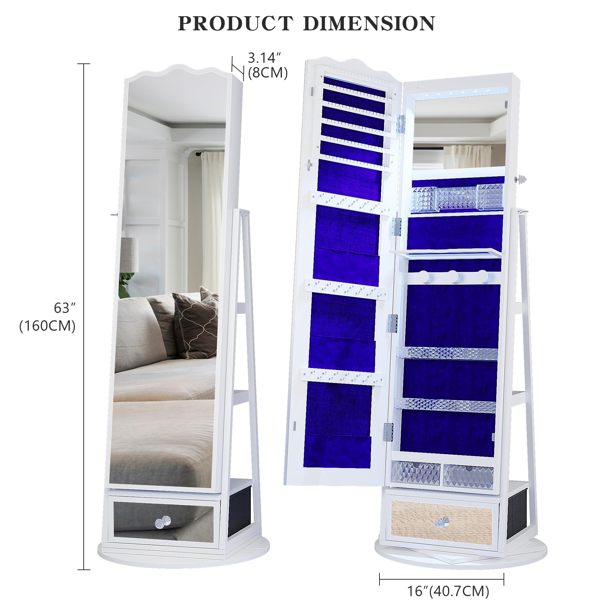 Lvifur 360° Rotating Jewelry Armoire w/Full Length Mirror, Large Capacity Jewelry Organizer Armoire w/Lights, Lockable Floor Standing Mirror with Back Storage Shelves for Bedroom, Cloakroom (White)