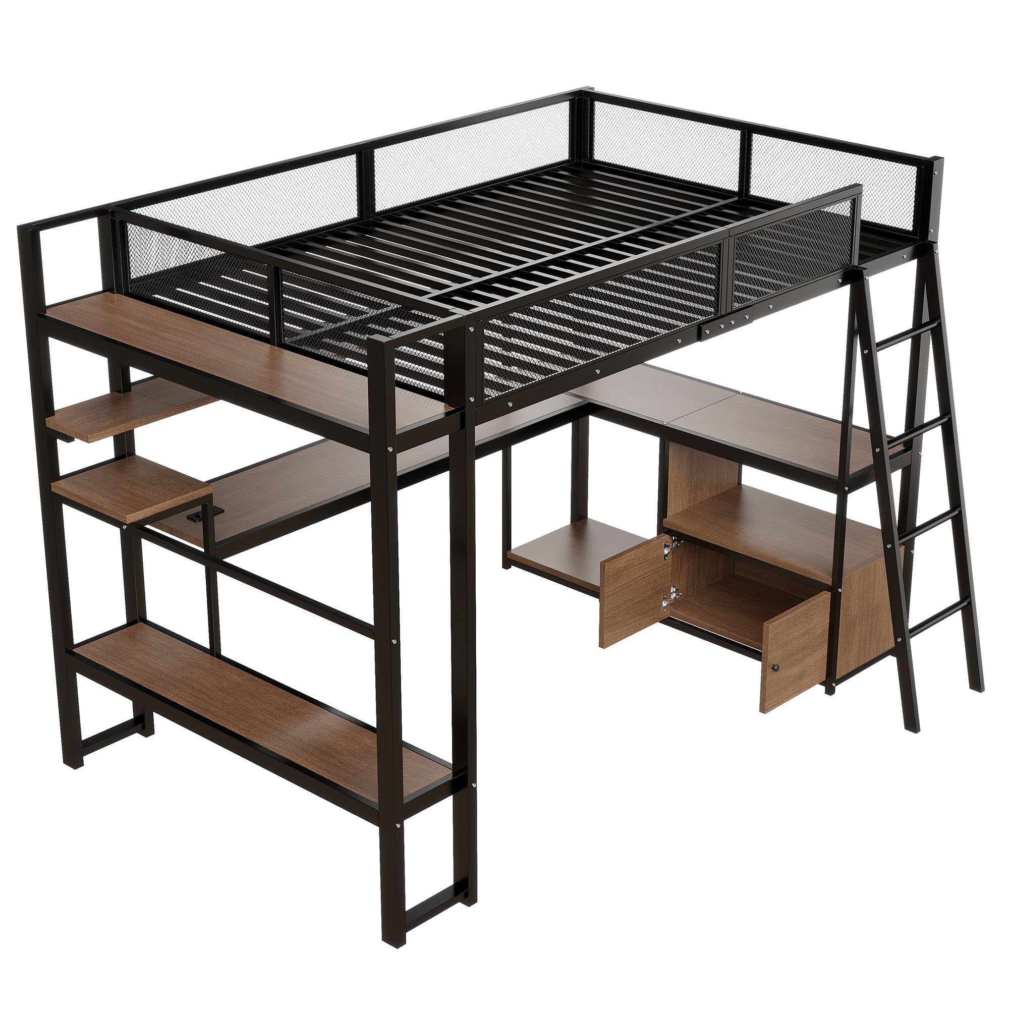 Lit mezzanine de jeu en métal, 140 x 200 cm, noir, avec bureau, éclairage LED, station de charge, espace de rangement, 232 x 144 x 169,4 cm