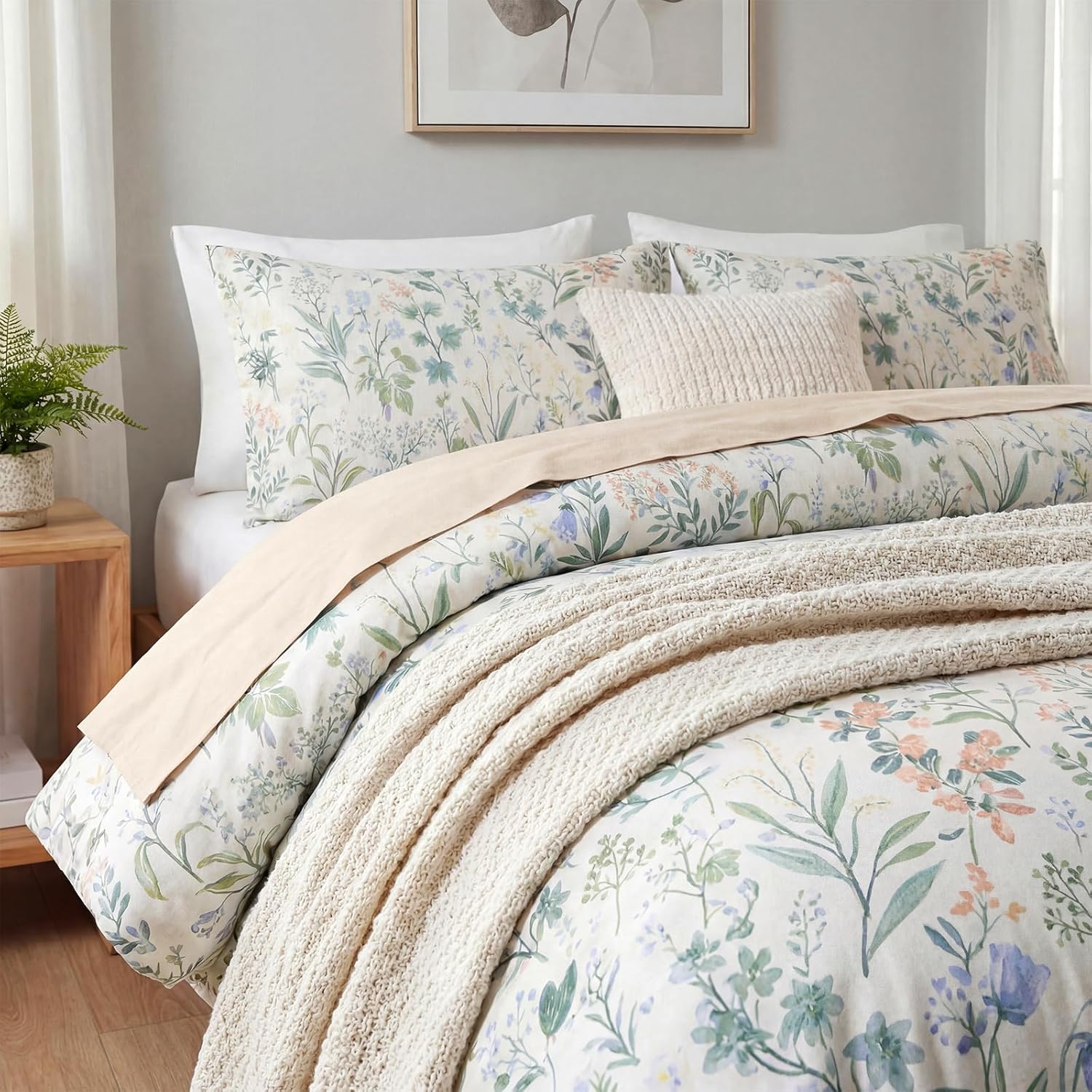 Duvet Cover Queen Size 100% Cotton Comforter Cover Green Floral Breathable Duvet Cover with Zipper Closure & Corner Ties 3 Pcs Green Fragrant Grass Duvet Cover Set - Image 6