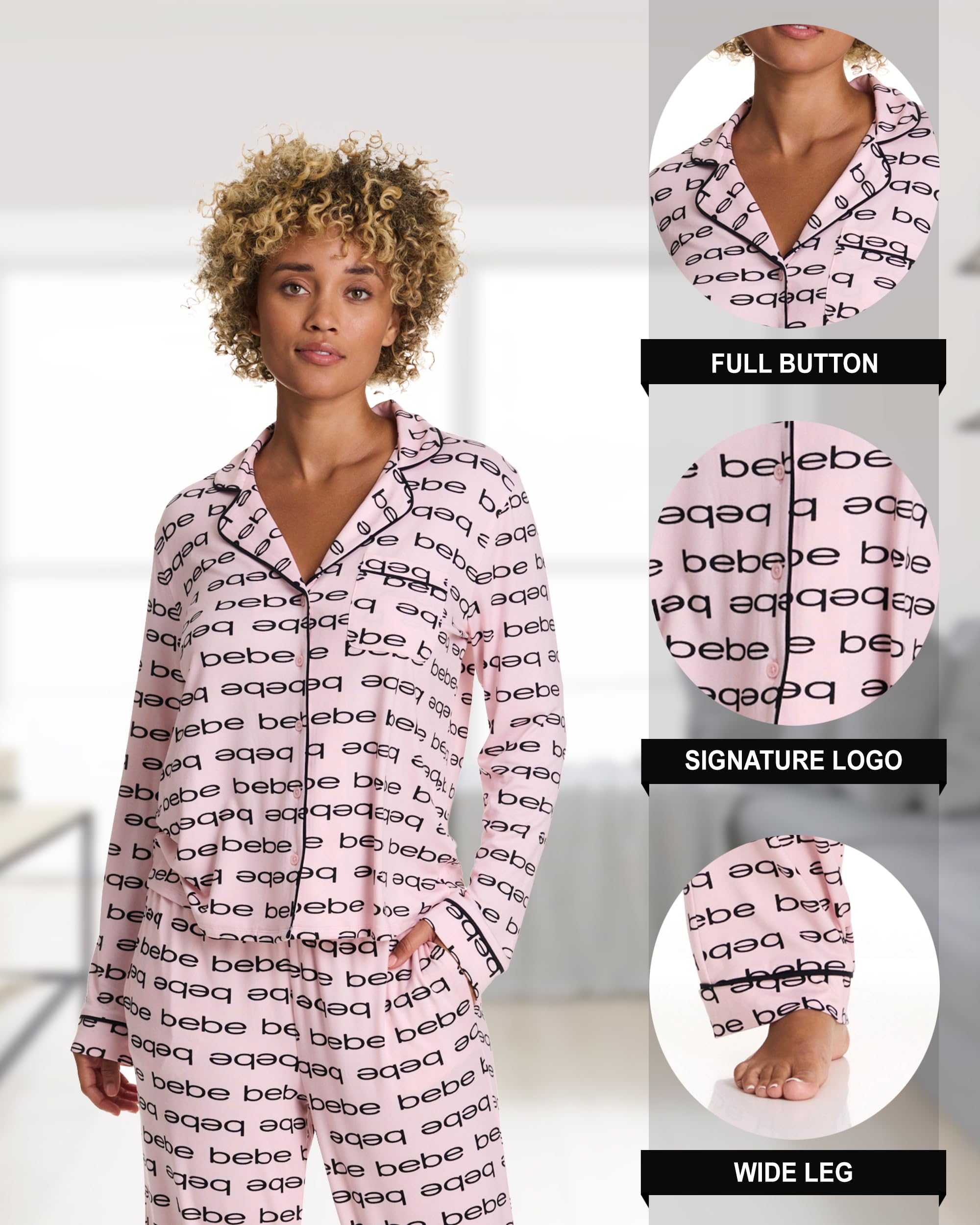bebe Button Down Pajamas for Women, Long Sleeve Button Up Pajamas with Pants, Ladies Sleepwear PJ Set (Rose Shadow, Large)