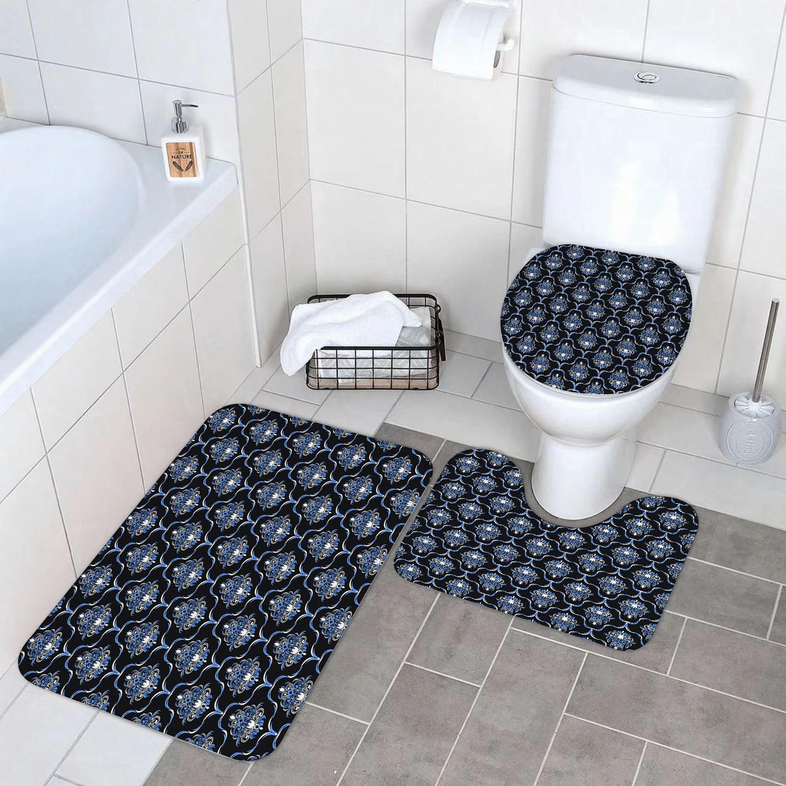 Set di 3 tappetini da Bagno, Lavabili in Lavatrice e Antiscivolo, tappetini in Morbida Fibra Superfine, Motivi Vintage damascati, spirali, Piastrelle Curve, Stile Vittoriano (2)