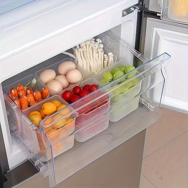 4 contenitori per frigorifero, in plastica trasparente, impilabili, per mensole laterali, frutta, verdura, uova, organizzazione della cucina, trasparenti - 5