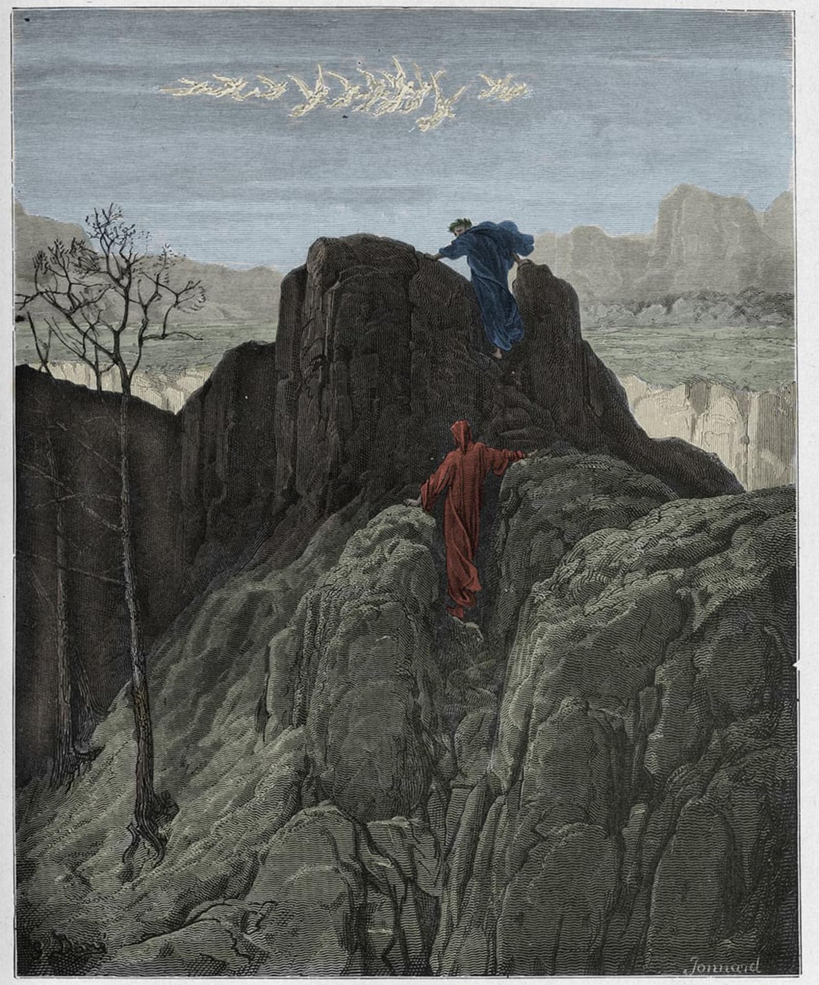 RZHRHJES Retro Picture Portrait Oil Painting Modern Wall Artwork Purgatorio Canto Virgil Leads Dante Up the Rugged Mountainside Illustration by Gustave Dore Canvas Poster for Home Decor 60x90cm