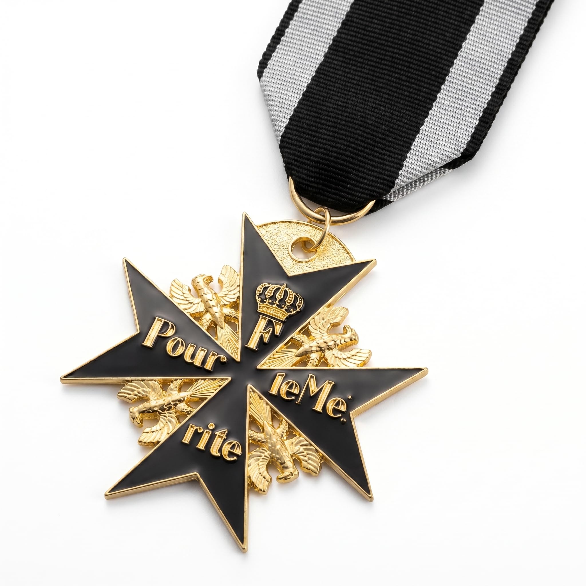 FREECROWS Historical Prussian-Era Artifact – Black Cross of Merit Achievement – Museum-Grade Service Insignia – Polished Gold-Toned Collective Piece with Striped Ribbon