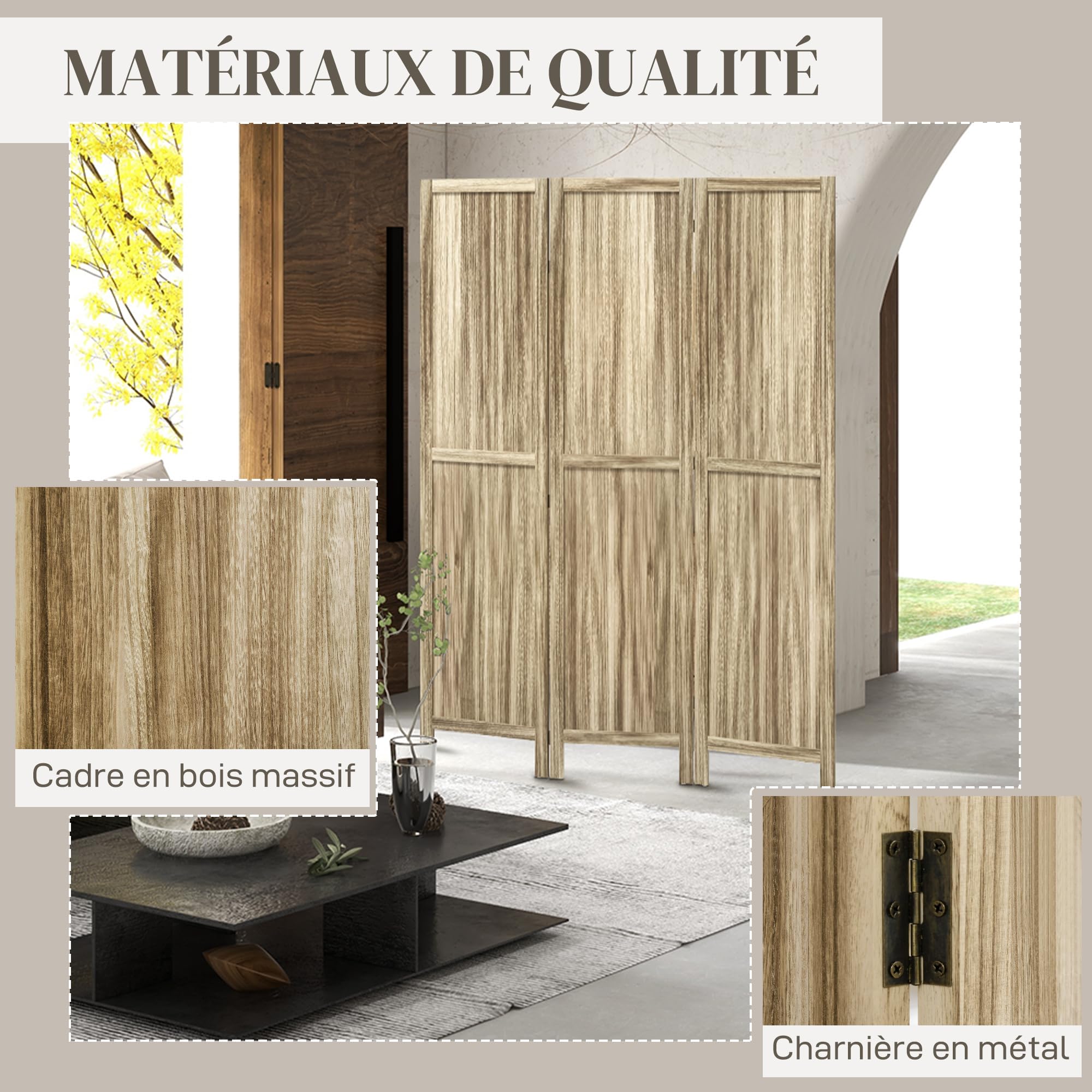 HOMCOM Paravent Pliable 3 Panneaux 120 x 170 cm Bois Paulownia Naturel | Séparateur de Pièce, Cloison de Séparation, Paravent Intérieur