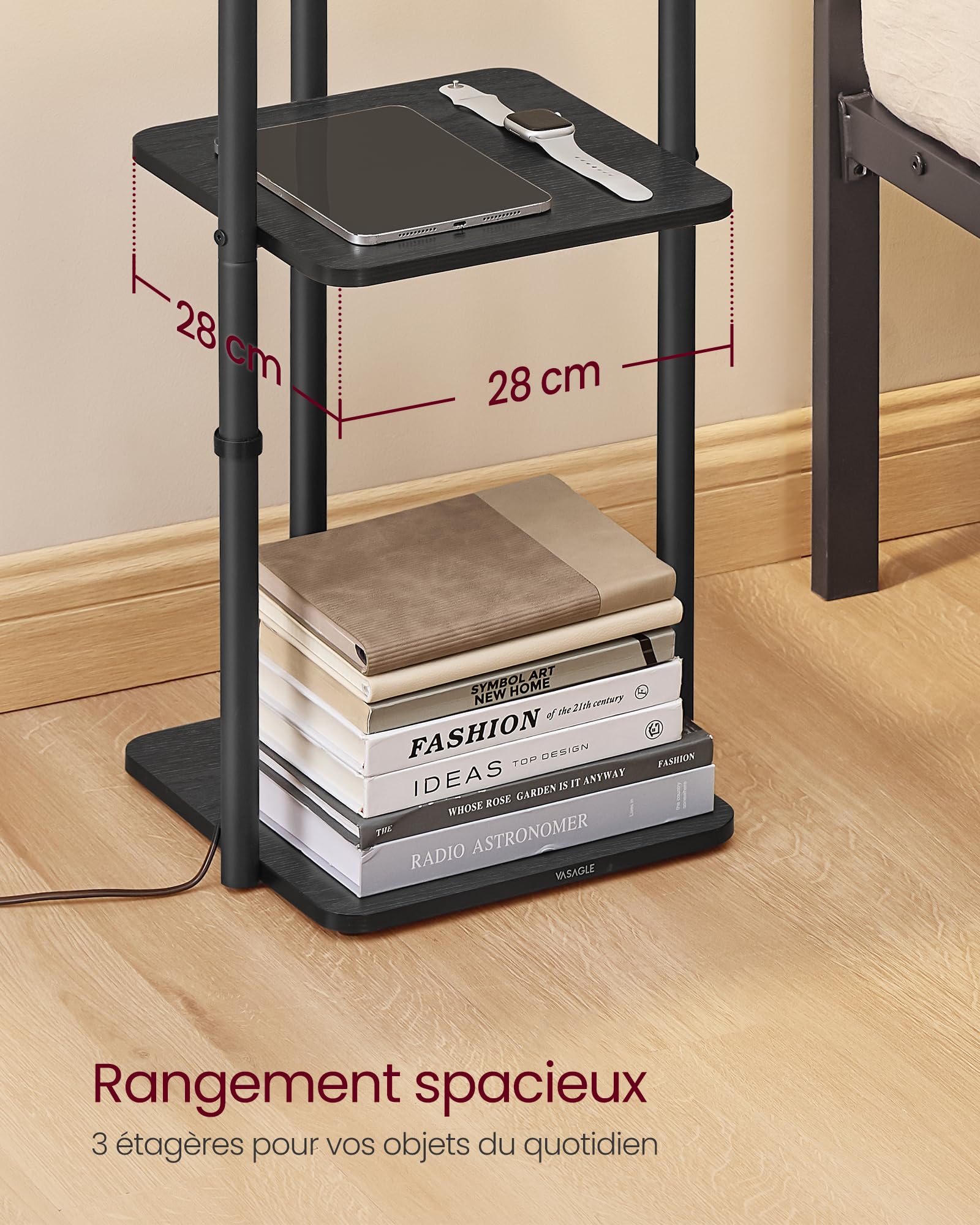 VASAGLE Lampadaire sur Pied, avec 3 Étagères, Lampe sur Pied, Ampoule LED Incluse, avec Interrupteur, Abat-Jour en Tissu, pour Salon, Chambre, Noir d'Encre LFL001BD02