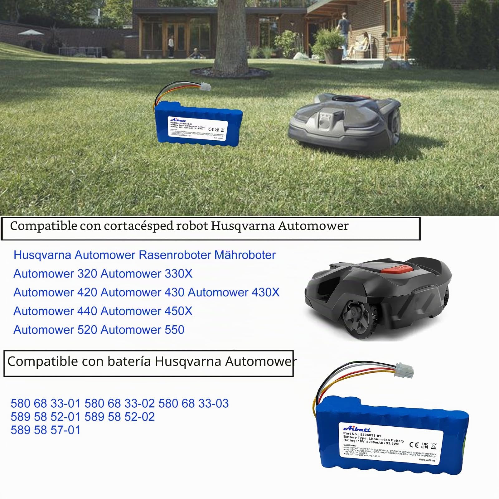5200mAh Batería de Repuesto para Husqvarna Automower 320, 330X, 420, 430, 430X, 440, 450X, 520, 550 Robot cortacésped, Repuesto para batería 580 68 33-01,580 68 33-02(18V/93.6Wh)