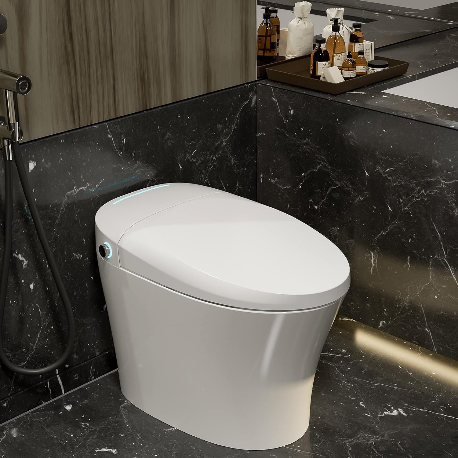 IKIFLY Intelligent Smart Toilet, Foot Sensor Auto Flush, Heated Seat, One-Piece Advance Bidet Toilet with Integrated Multi Function Remote Control and Rotate knob control - - 