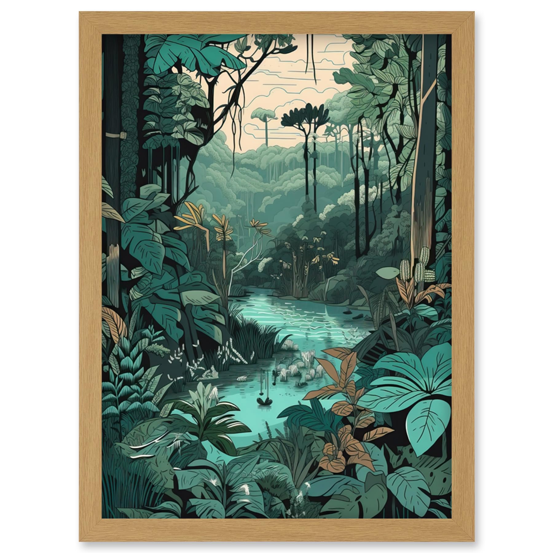 Artery8 Amazon Rainforest Flora Landscape Illustration Artwork Framed Wall Art Print A4