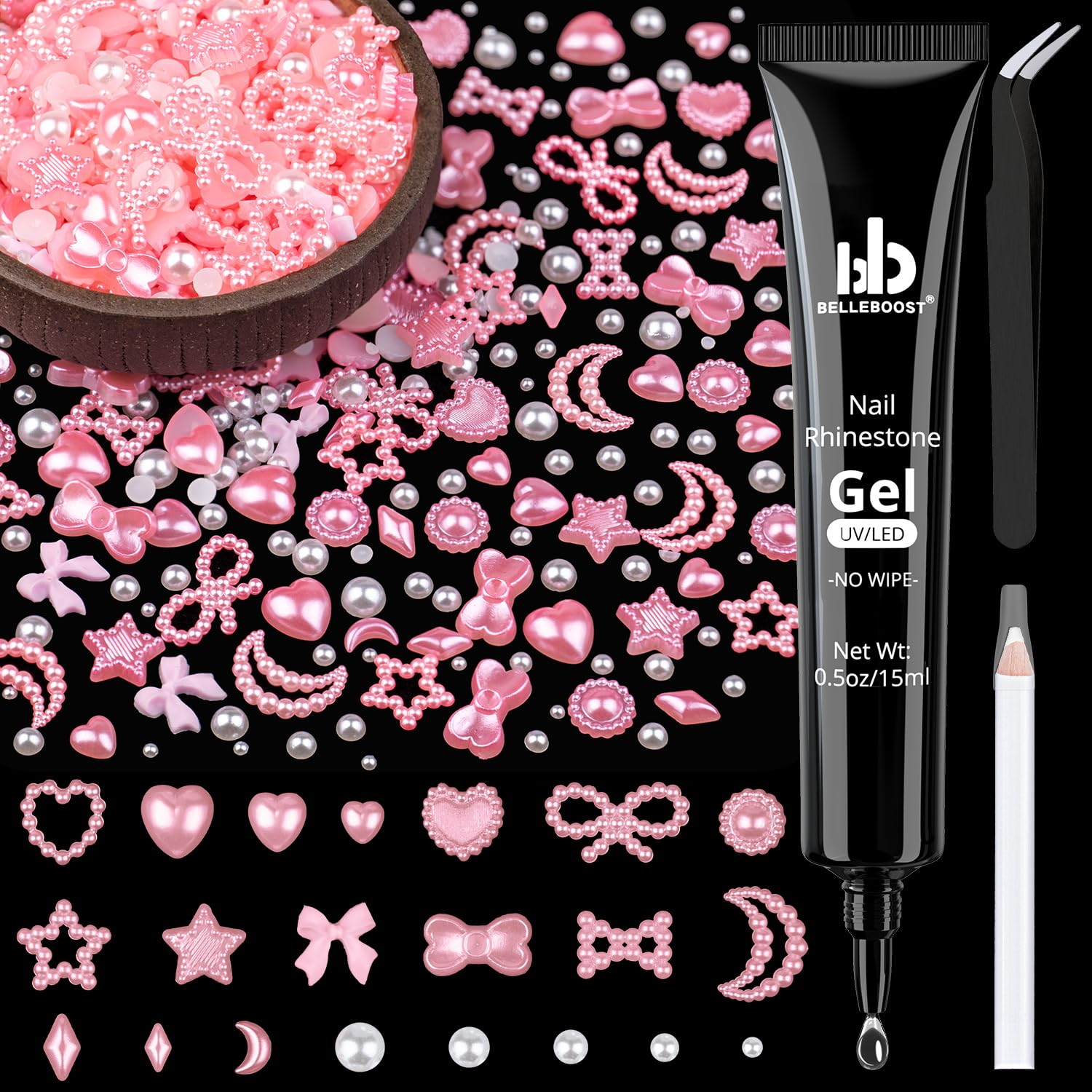 600 dijes de uñas multiformas 3D y perlas de parte trasera plana, estilos de mezcla de rosa y blanco, adornos de girasol para arte de uñas,