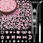 600Pcs 3D Multi Shapes Nail Charms and Flatback Pearls, Pink&White Mix Styles Heart Star Bow Sunflower Embellishments for Nail Art, Craft and Decoration with Glue Gel, Tweezer and Pickup Pencil