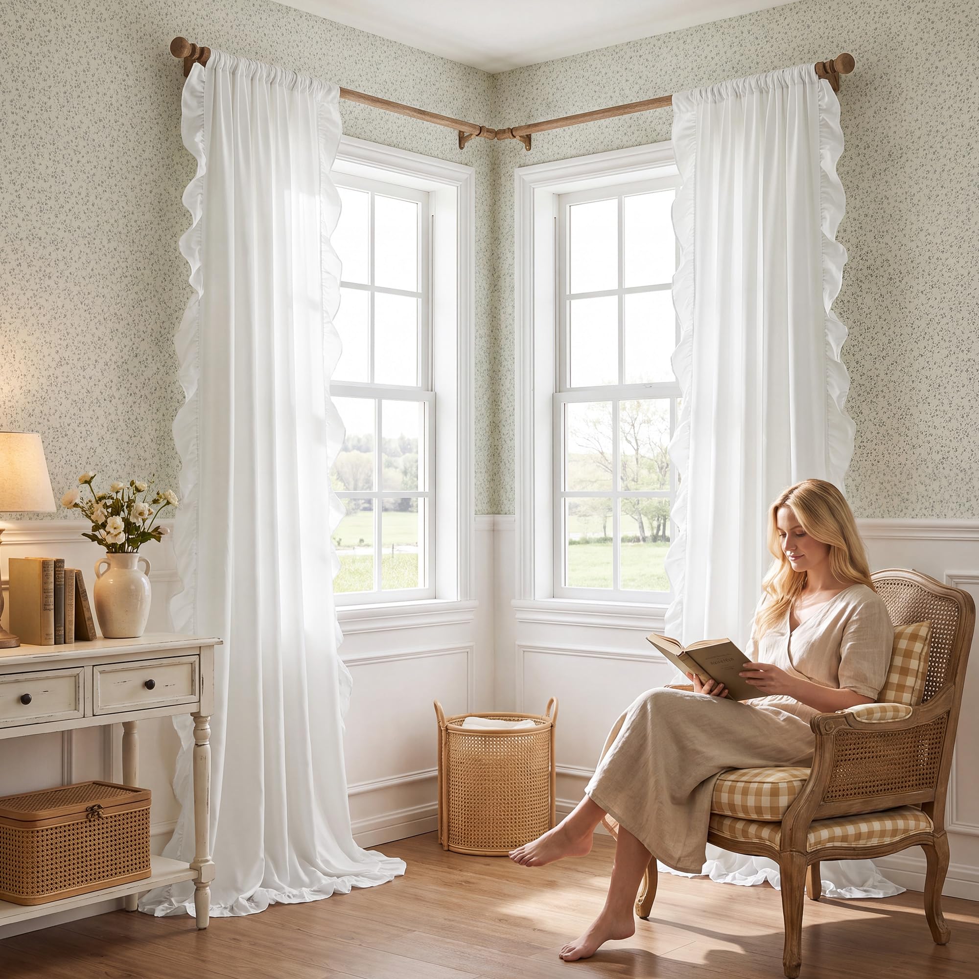 StangH Lot de 2 Rideaux à Volants pour Chambre à Coucher, Style Rustique Shabby Chic, Protection de l'intimité pour Salle à Manger, Salle de Bain, Salon, dortoir, Chalet, Campagne, Blanc, 132,1 x